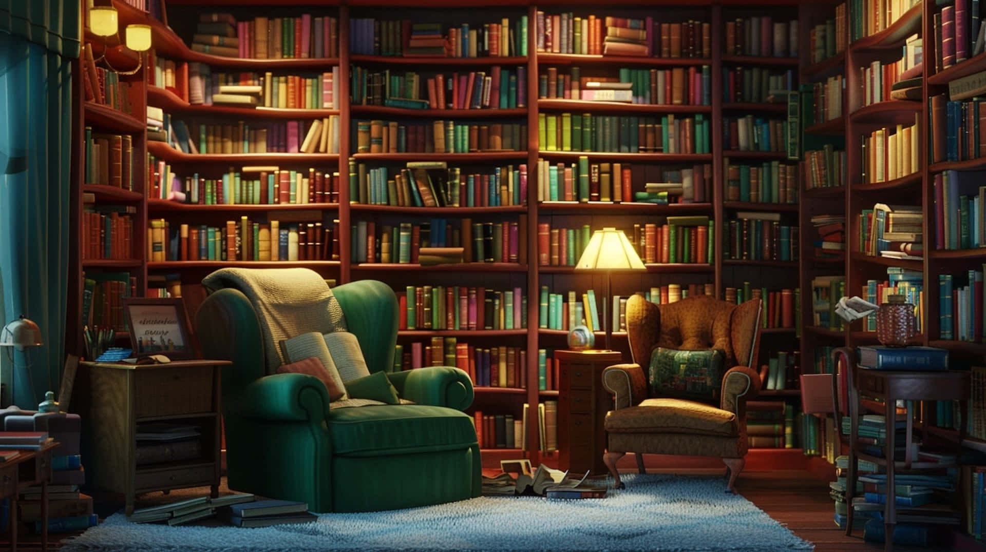 cozy home library nook, green armchair, wooden bookshelves, Full HD Desktop Wallpaper
