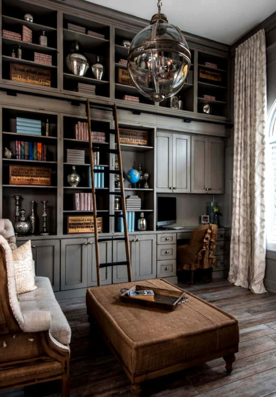 home office, large bookcase, ladder, HD Phone Wallpaper