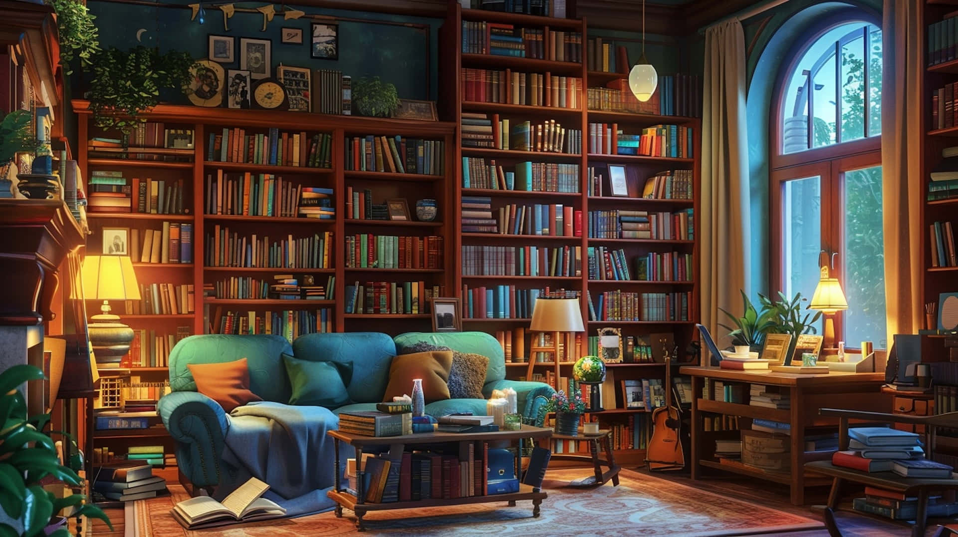cozy home library nook, teal sofa, arched window, Full HD Desktop Wallpaper