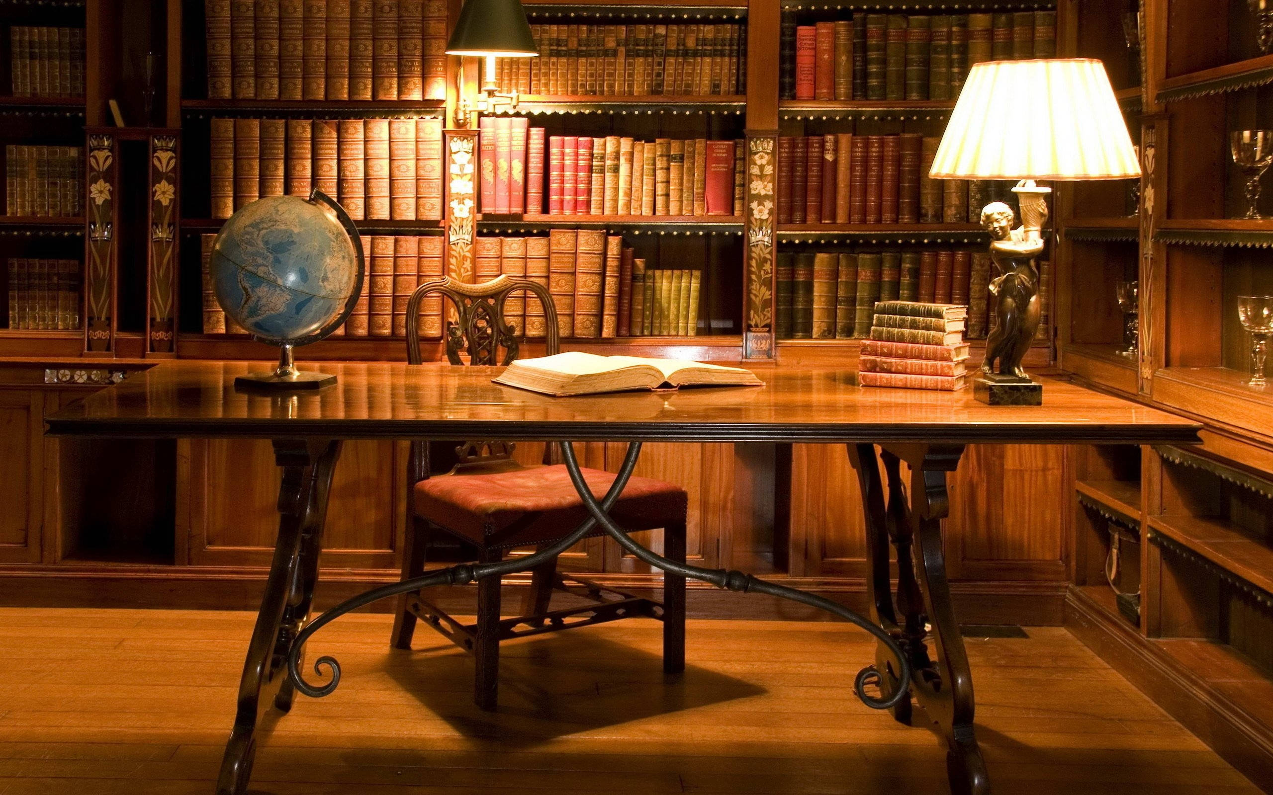wooden study, vintage desk globe lamp, books, 2K Desktop Wallpaper