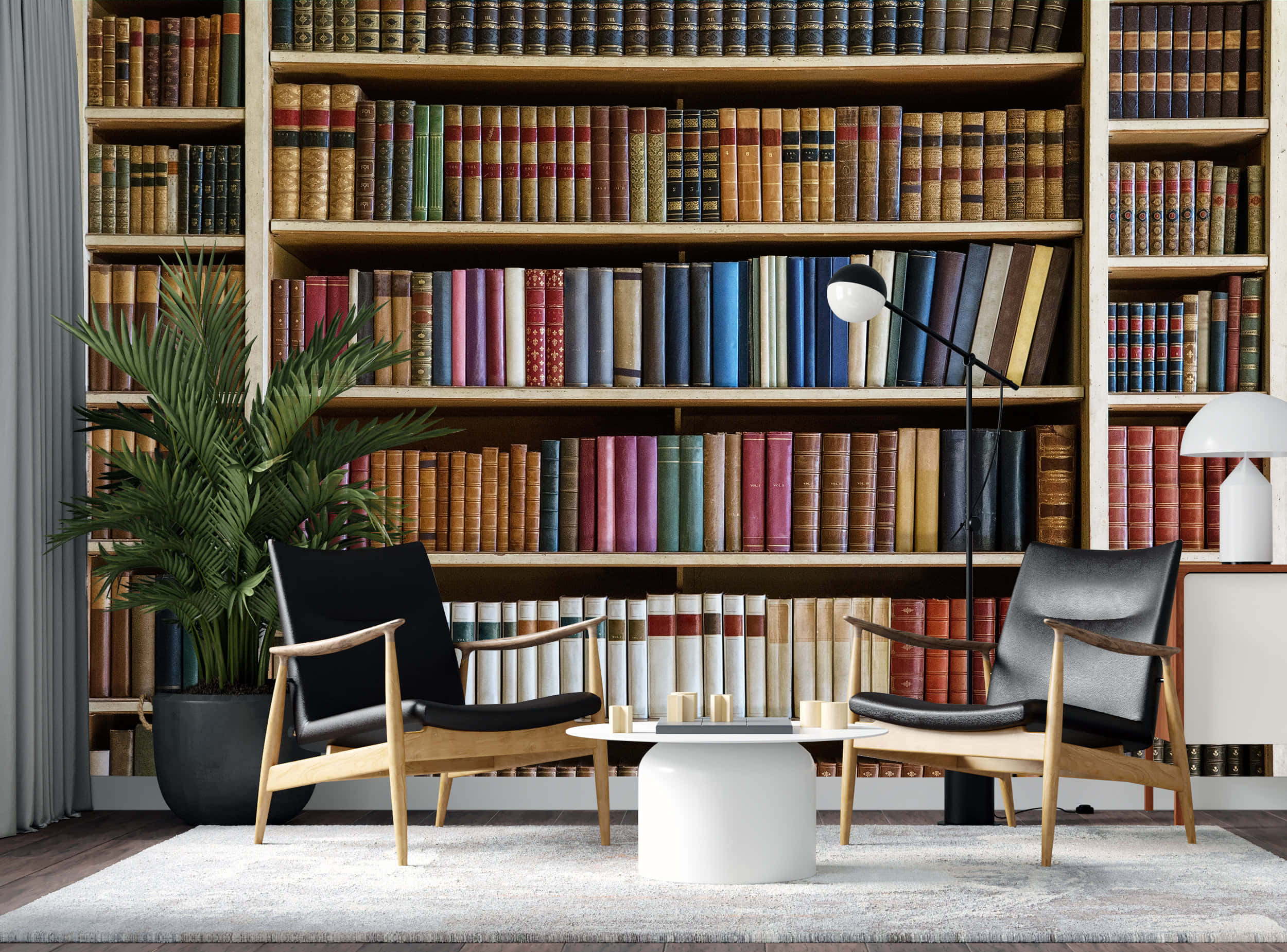 Home Library, black leather chairs, wall of colorful vintage books, Full HD Desktop Wallpaper