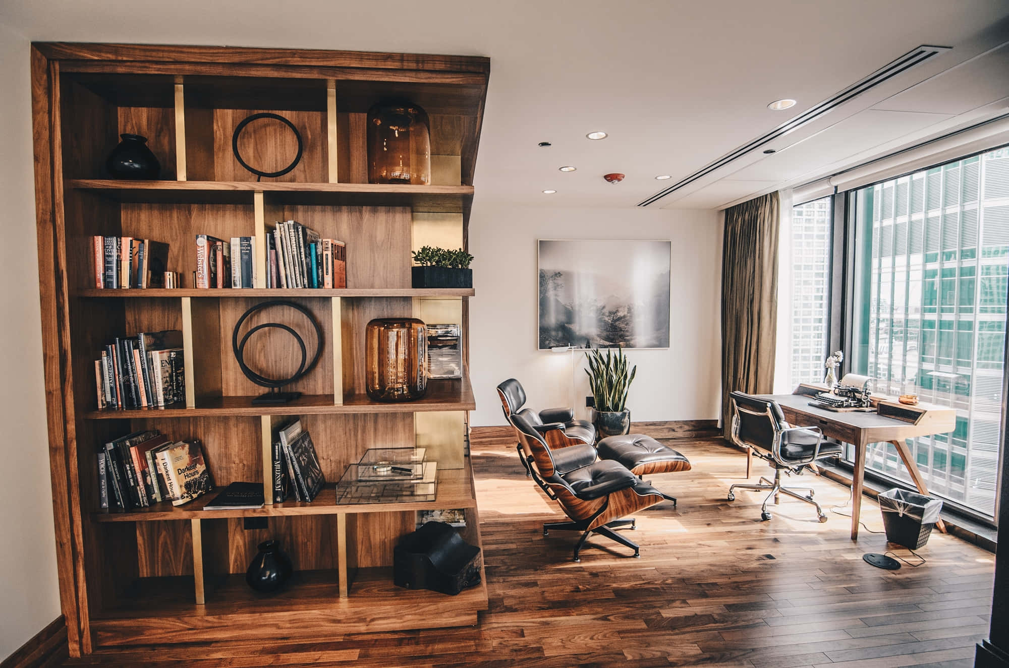 home office, wooden bookshelf, leather lounge chairs, Full HD Desktop Wallpaper