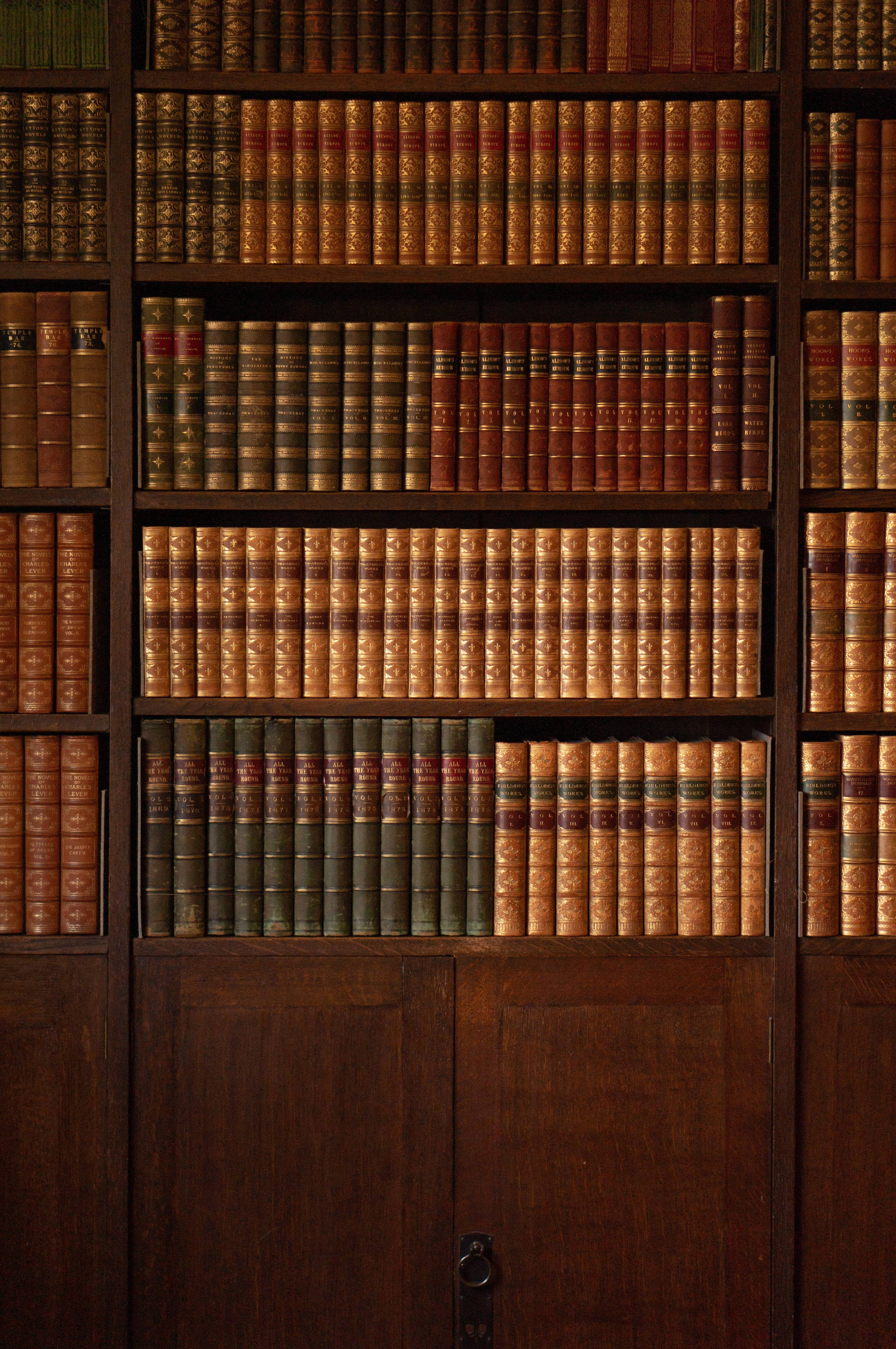 vintage leather-bound books, warm amber, deep burgundy, 4K Phone Wallpaper