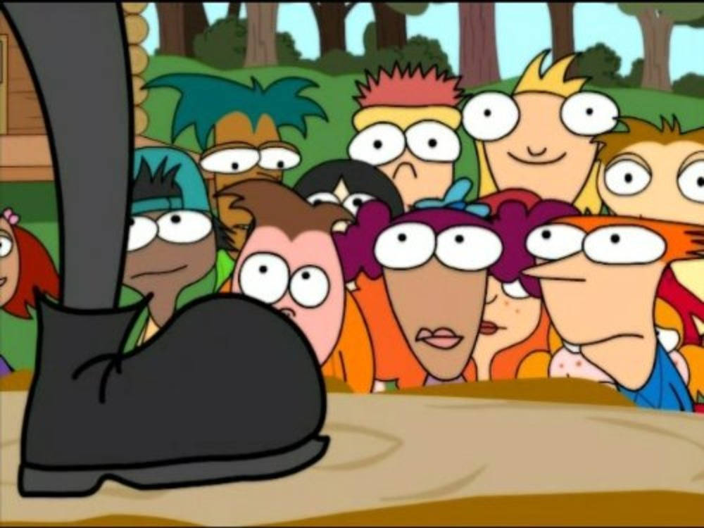 Home Movies, cartoon crowd of kids, giant black boot, SD Desktop Wallpaper