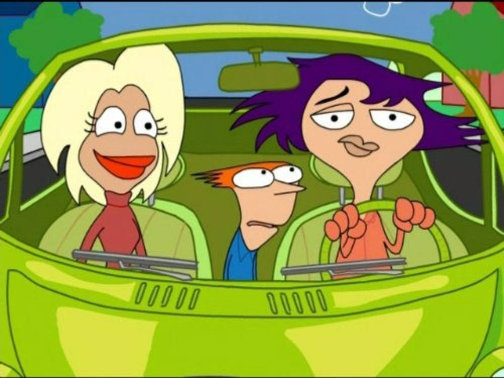 Home Movies, girls, bright green car, SD Desktop Wallpaper