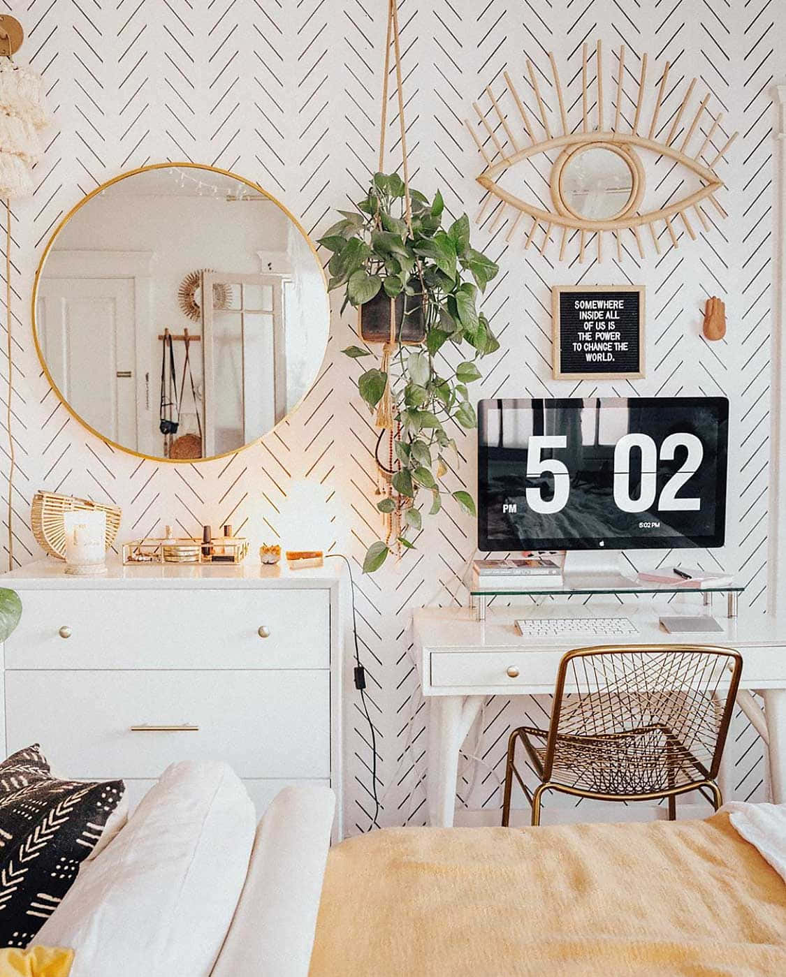 white herringbone wallpaper, round mirror, hanging plant, HD Phone Wallpaper