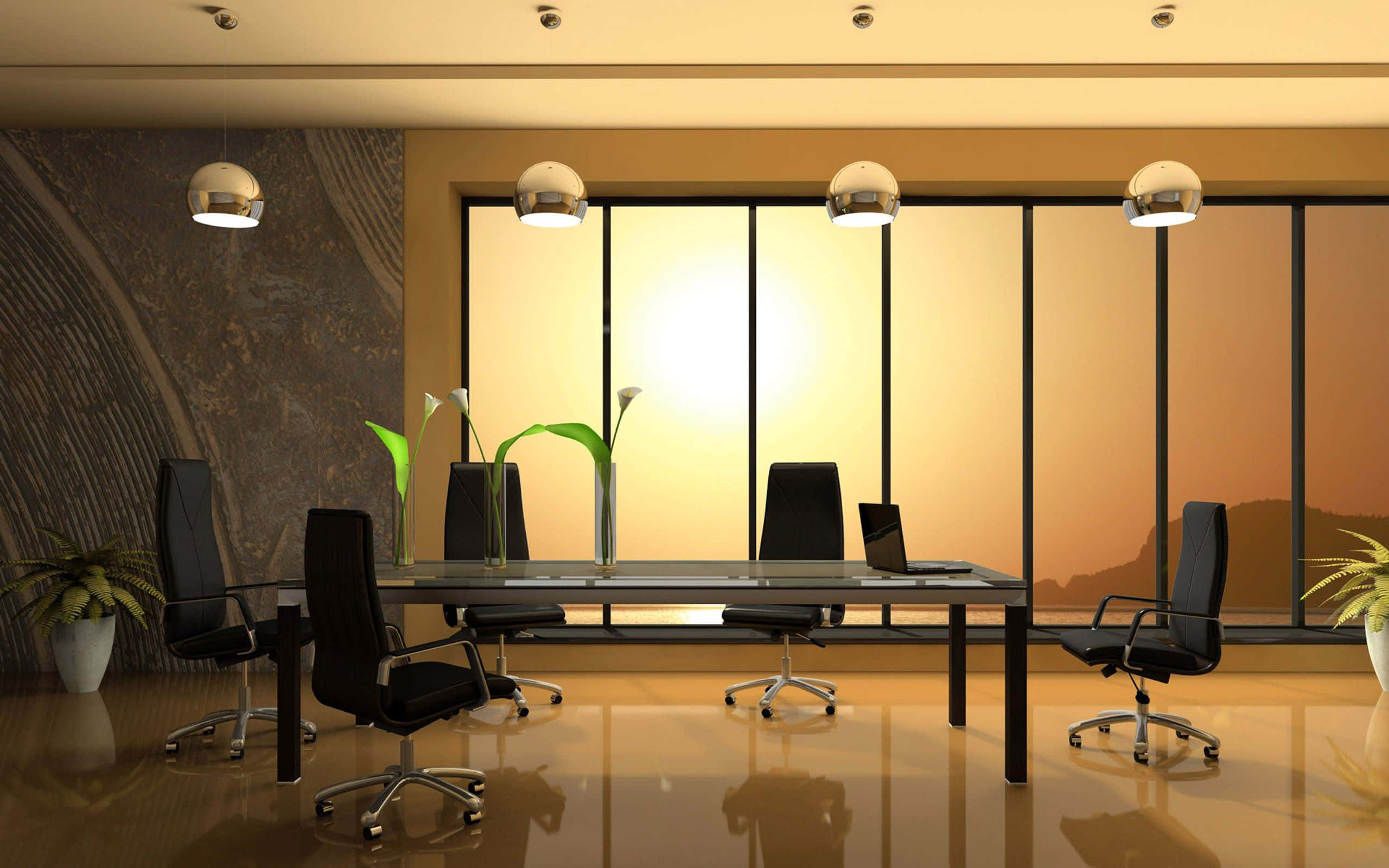 executive boardroom, sleek black chairs, glass table, 2K Desktop Wallpaper