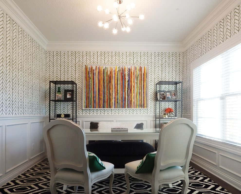 home office, herringbone wallpaper, white chairs, SD Desktop Wallpaper