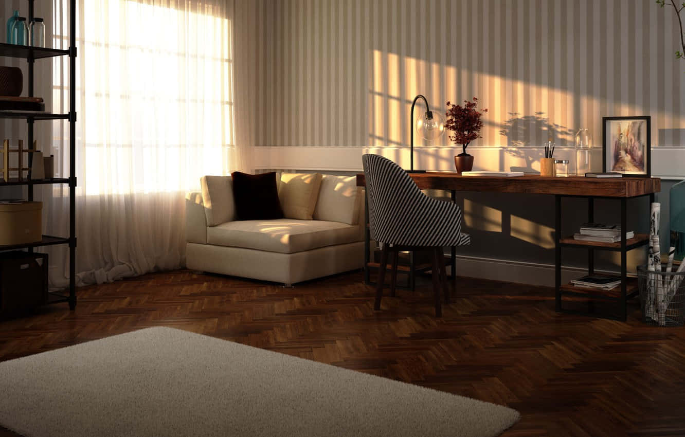 home office, warm sunlight, sheer curtains, HD Desktop Wallpaper