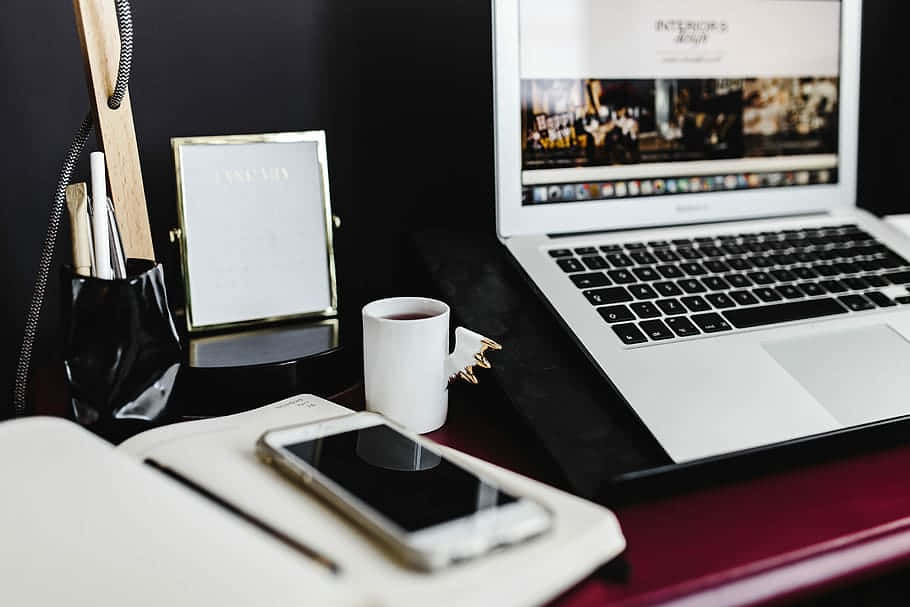 Home Office, dark wooden desk, laptop, SD Desktop Wallpaper