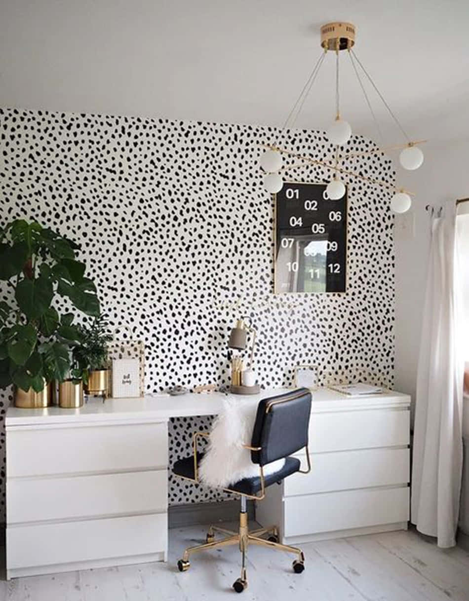 white desk, black chair, black and white spotted wallpaper, SD Phone Wallpaper