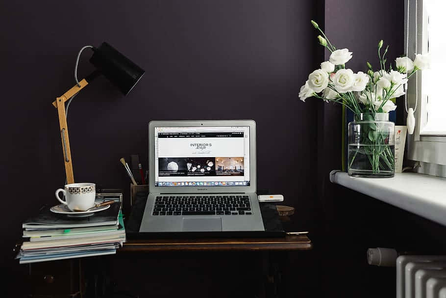 home office, laptop, white flowers, SD Desktop Wallpaper