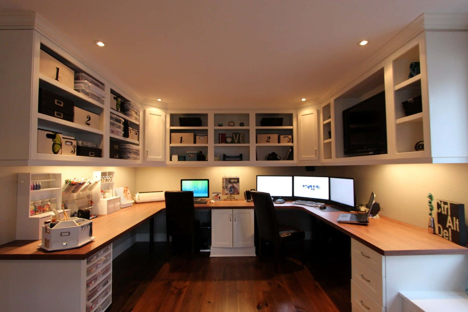 home office, curved wooden desk, multiple monitors, HD Desktop Wallpaper