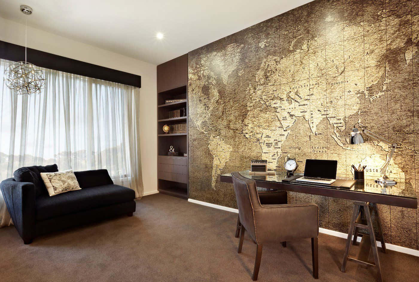 home office, vintage world map wallpaper, dark furniture, HD Desktop Wallpaper