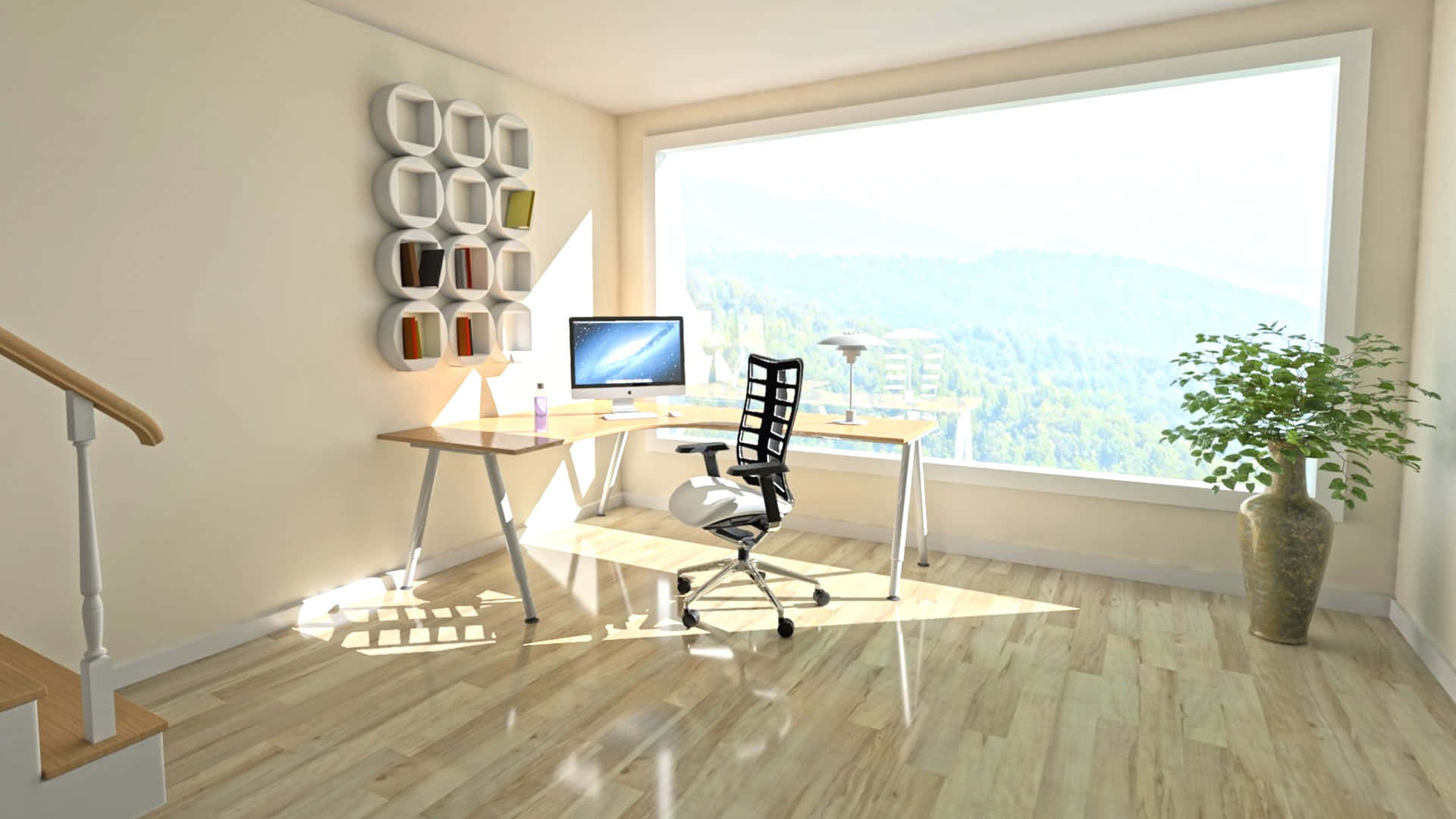 home office, wooden floors, large window, Full HD Desktop Wallpaper
