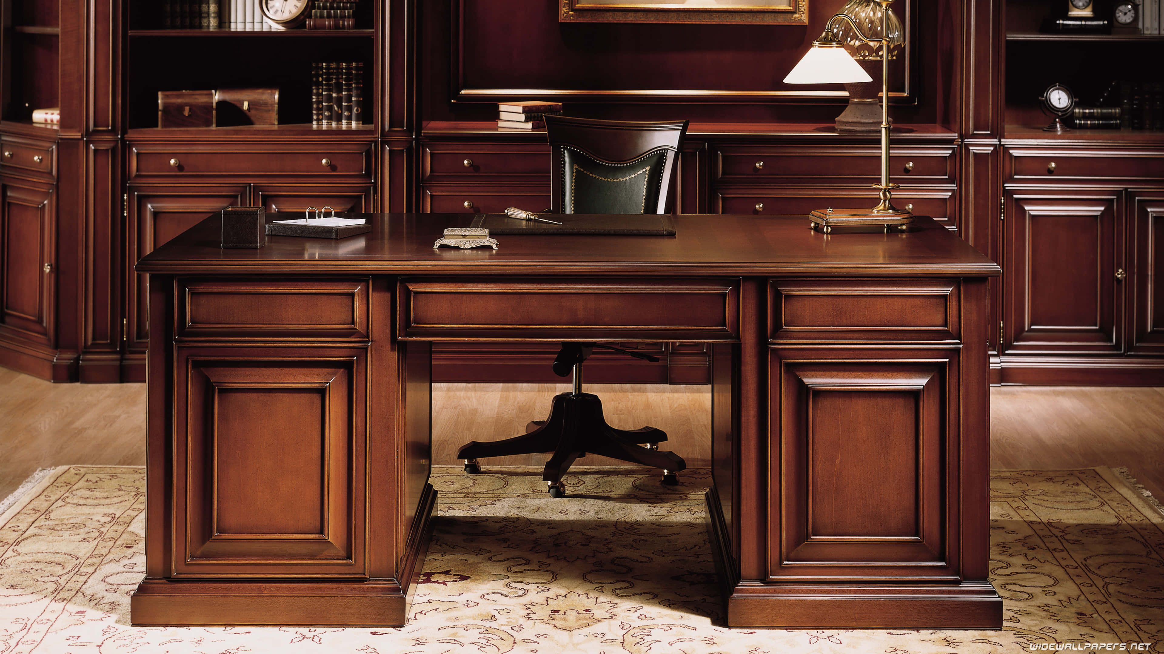 mahogany, executive desk, ornate carvings, 4K Desktop Wallpaper
