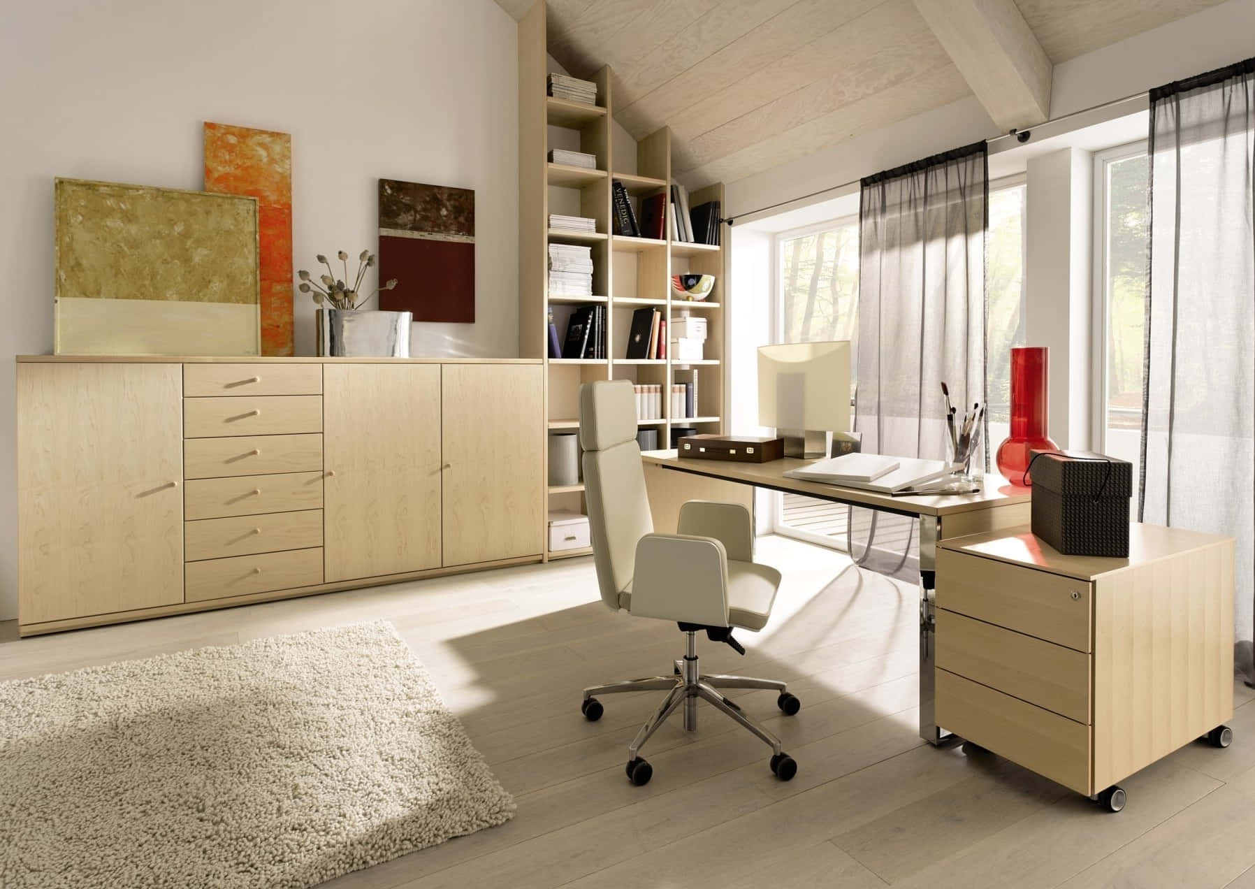 Home Office, white theme, light wood furniture, HD Desktop Wallpaper