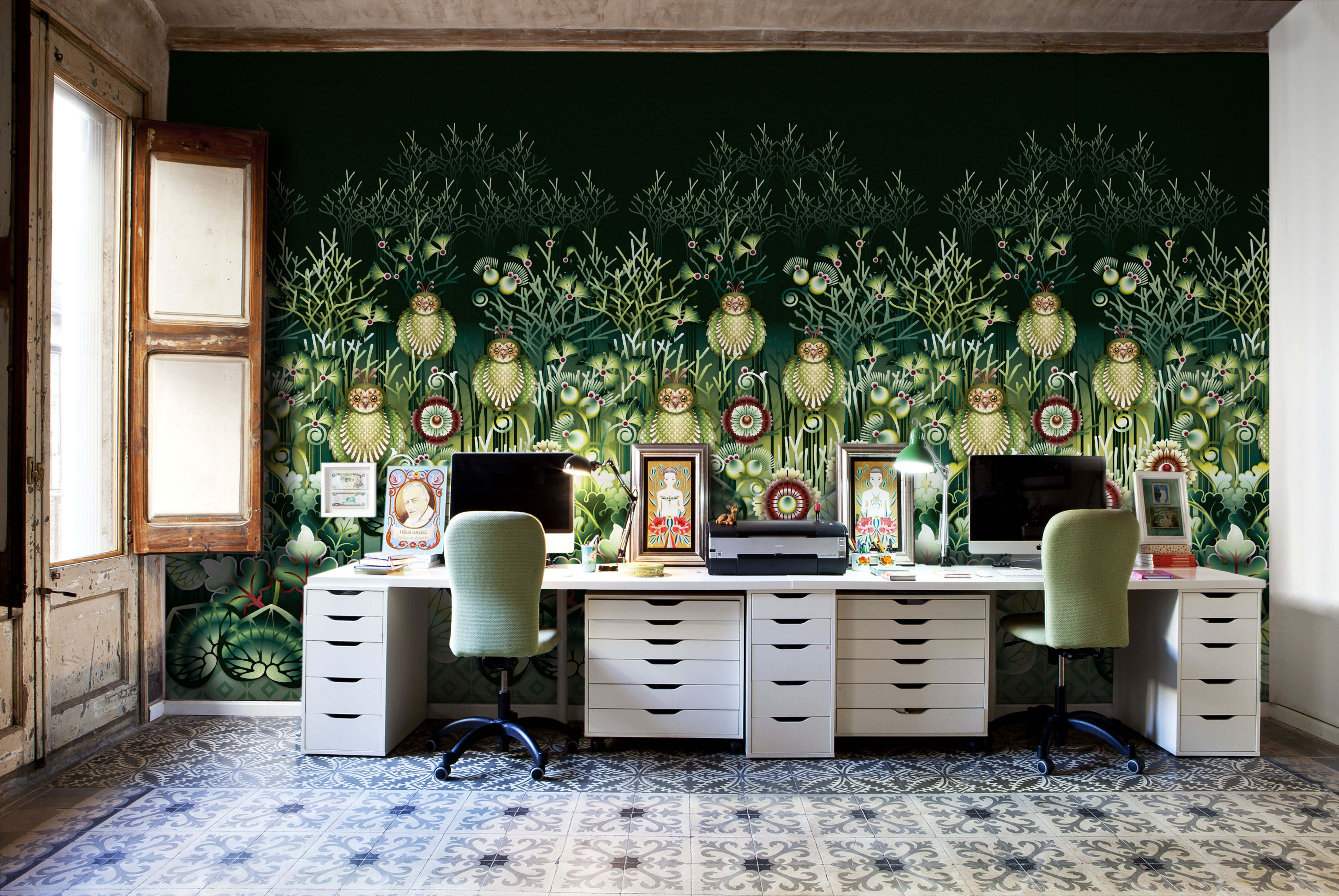home office, white desks, green chairs, 5K Desktop Wallpaper