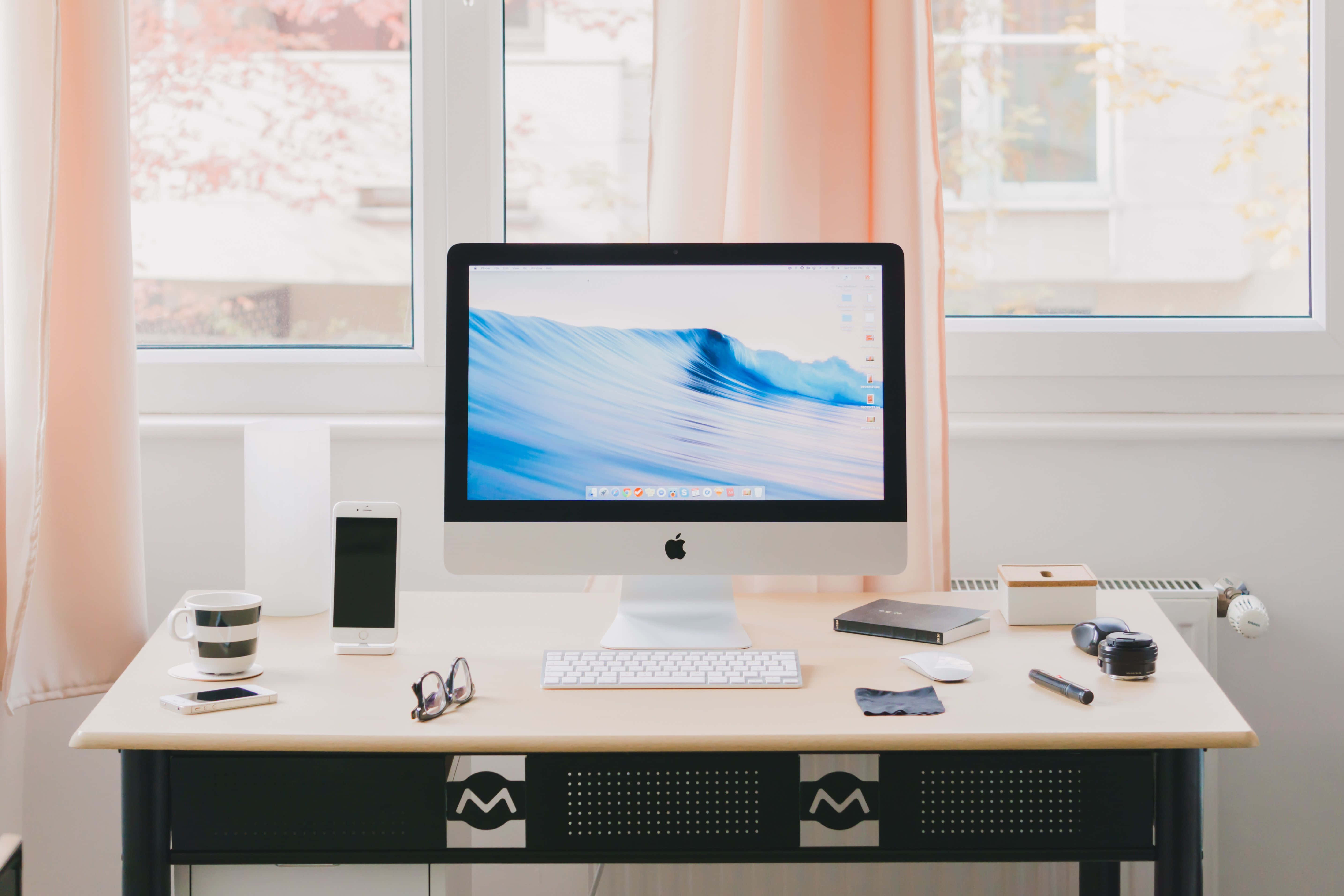 iMac, blue wave wallpaper, modern desk setup, 5K Desktop Wallpaper