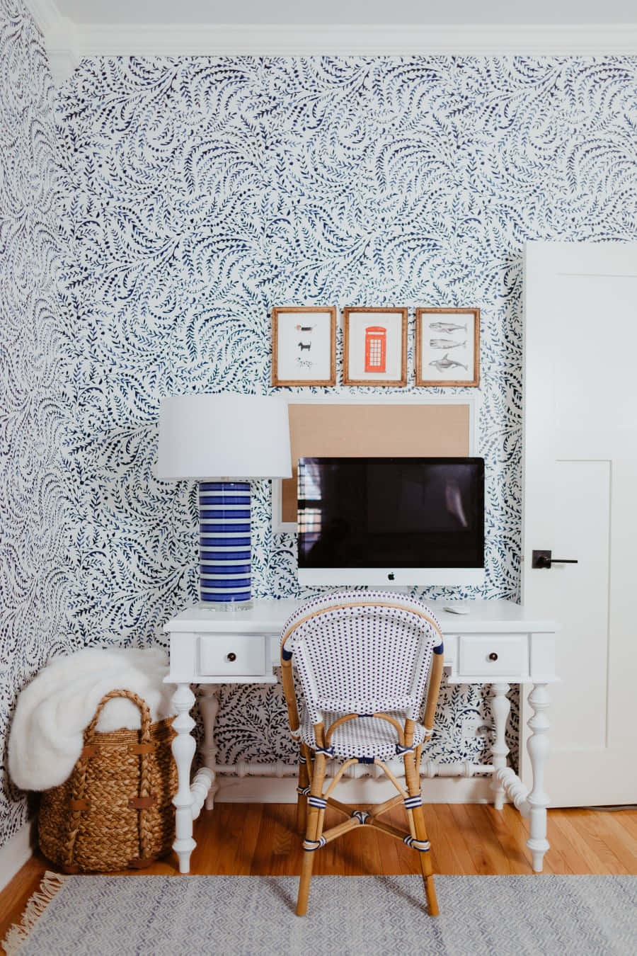 coastal style, white desk, rattan chair, HD Phone Wallpaper
