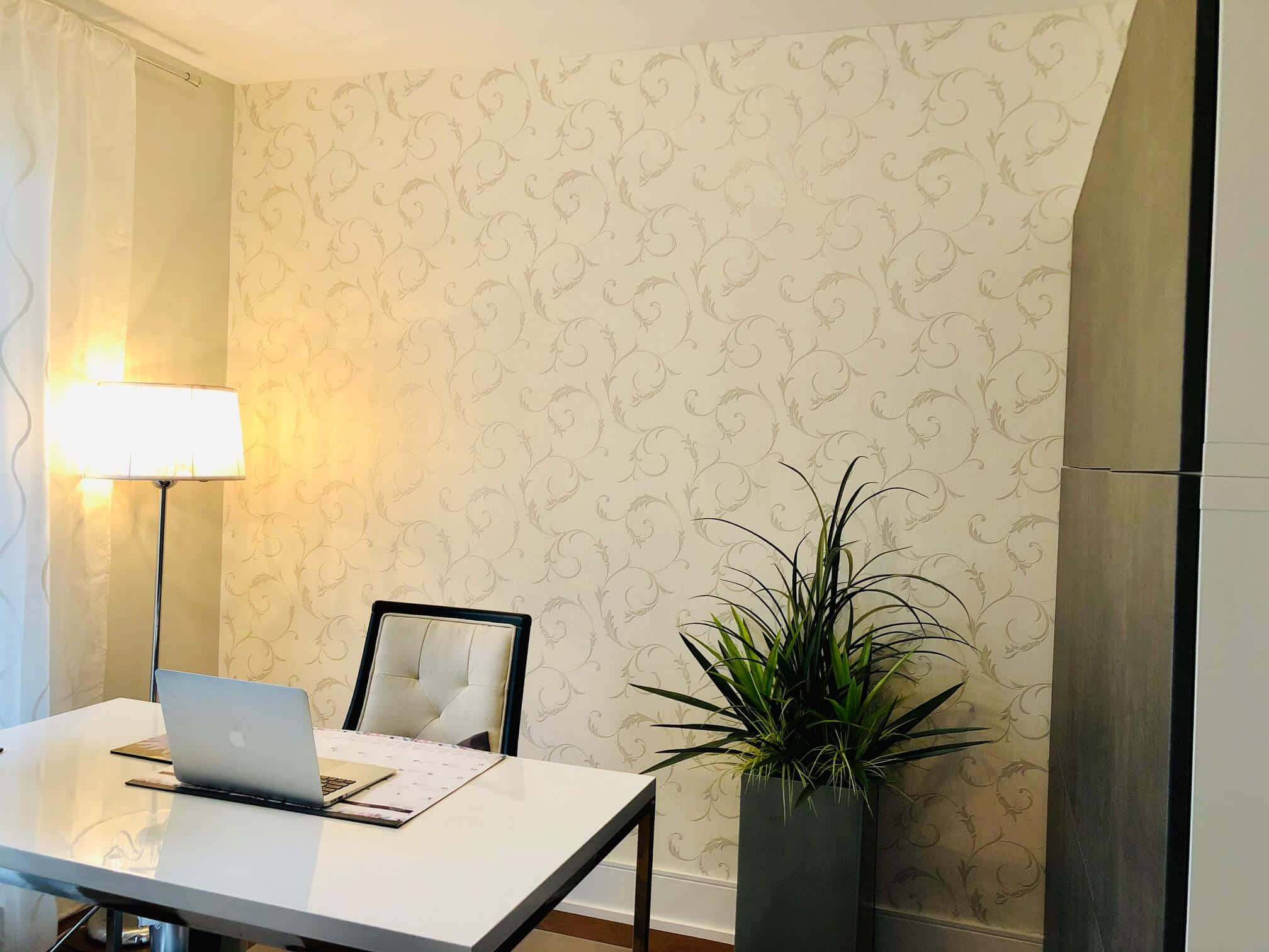 white desk, laptop chair, floor lamp, Full HD Desktop Wallpaper
