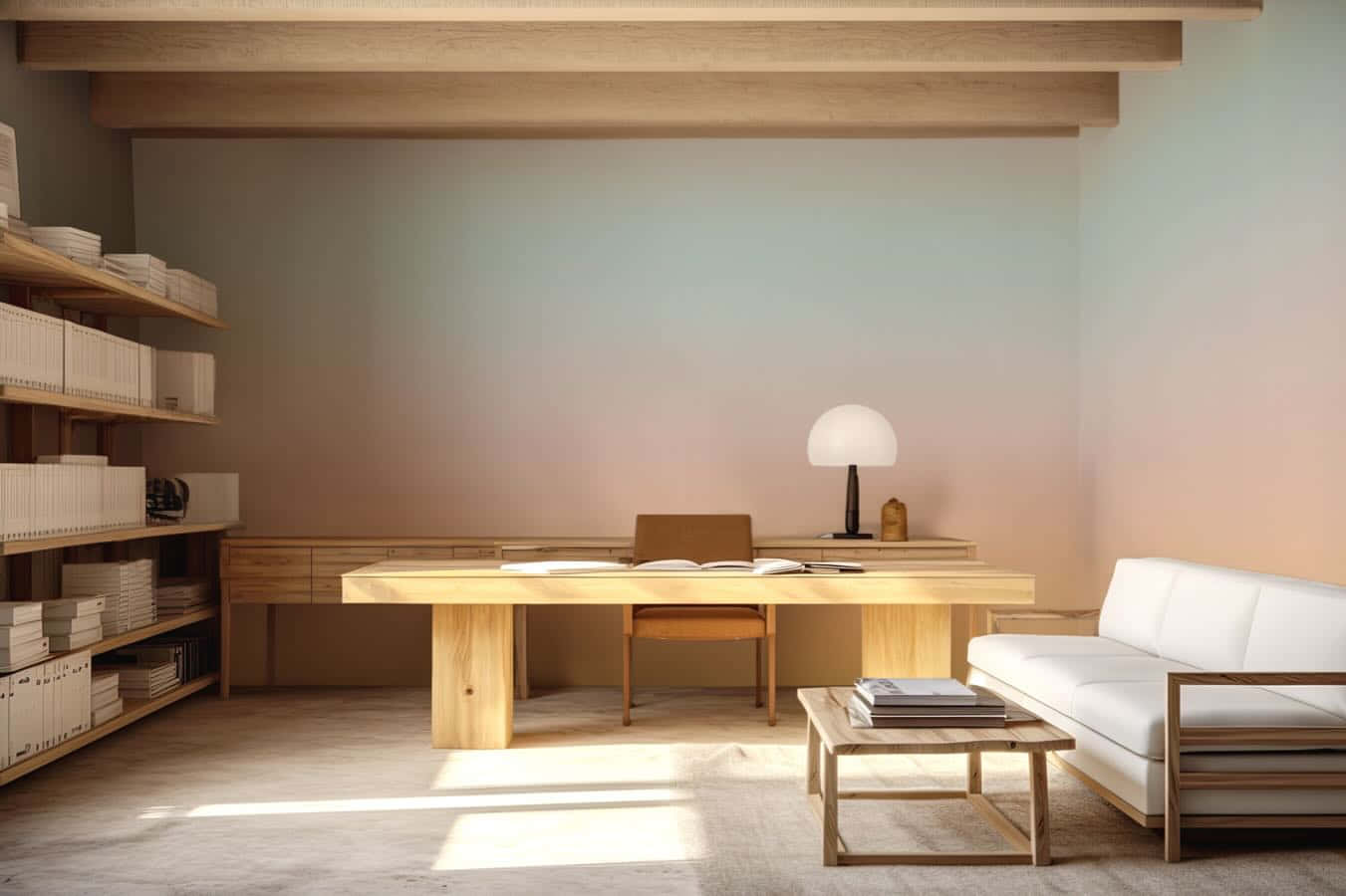modern home office design, wooden furniture, soft natural light, HD Desktop Wallpaper