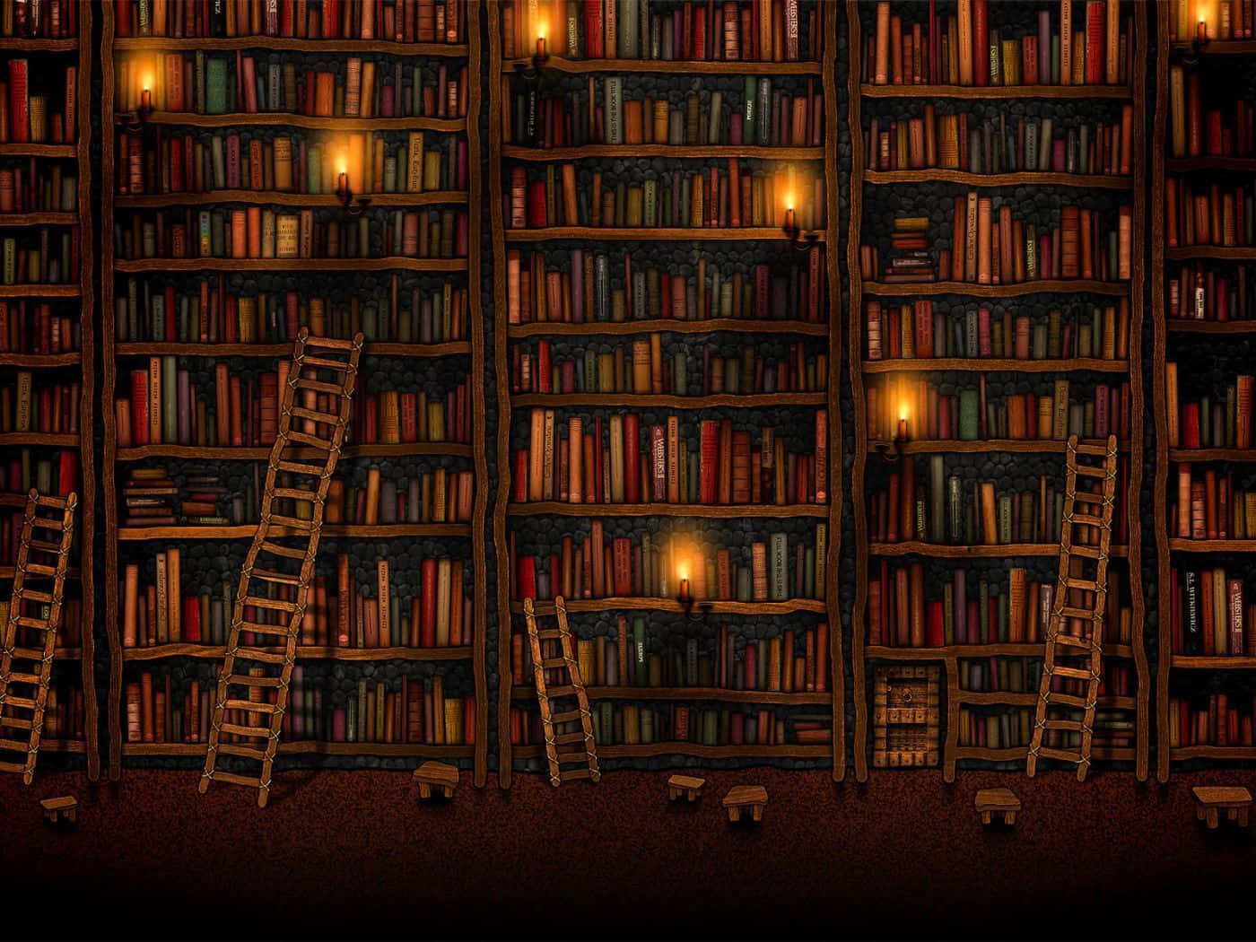 Cozy Home Office Setup, vast dimly lit library, towering bookshelves, HD Desktop Wallpaper