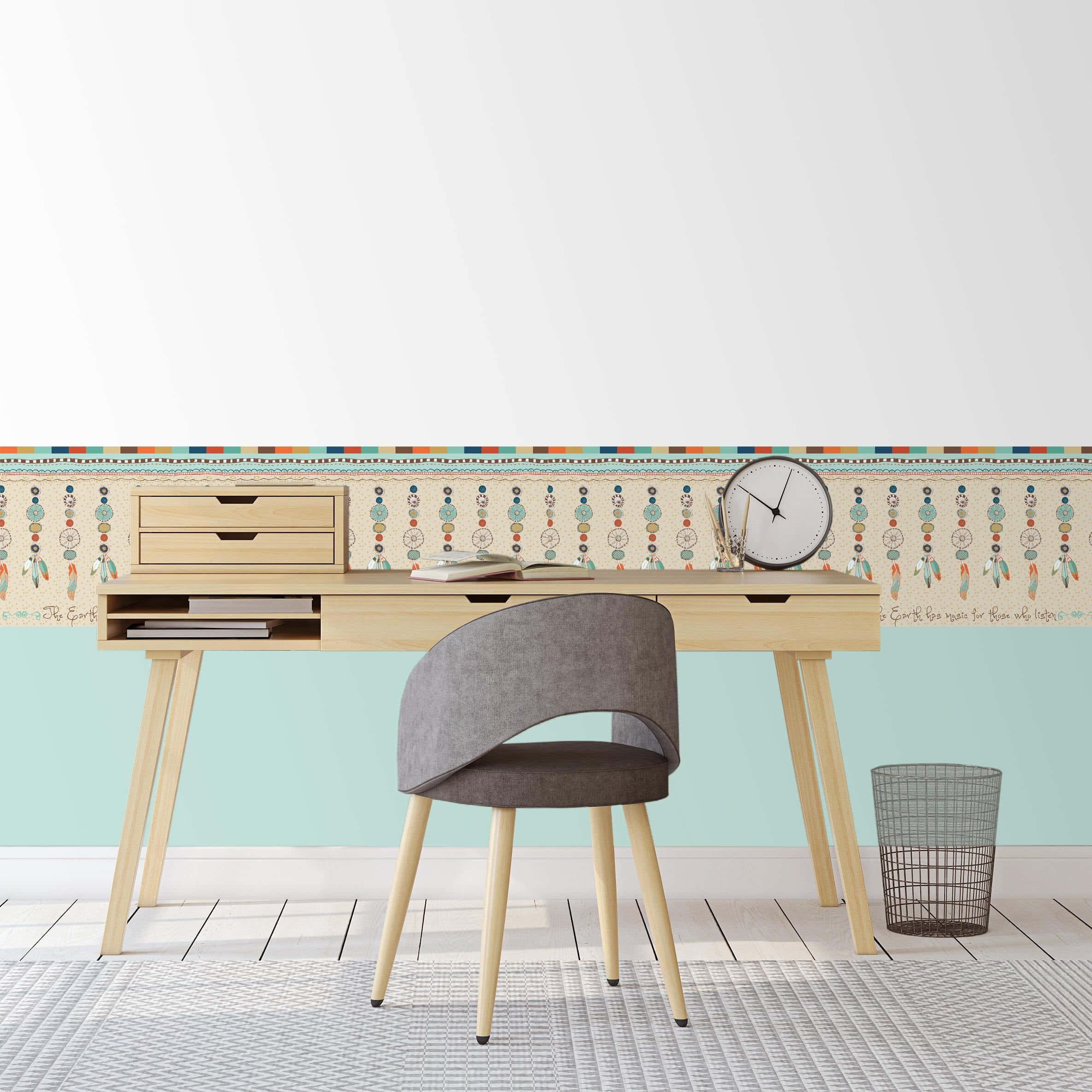 wooden desk, gray chair, colorful tribal patterned wallpaper border, Full HD Desktop Wallpaper