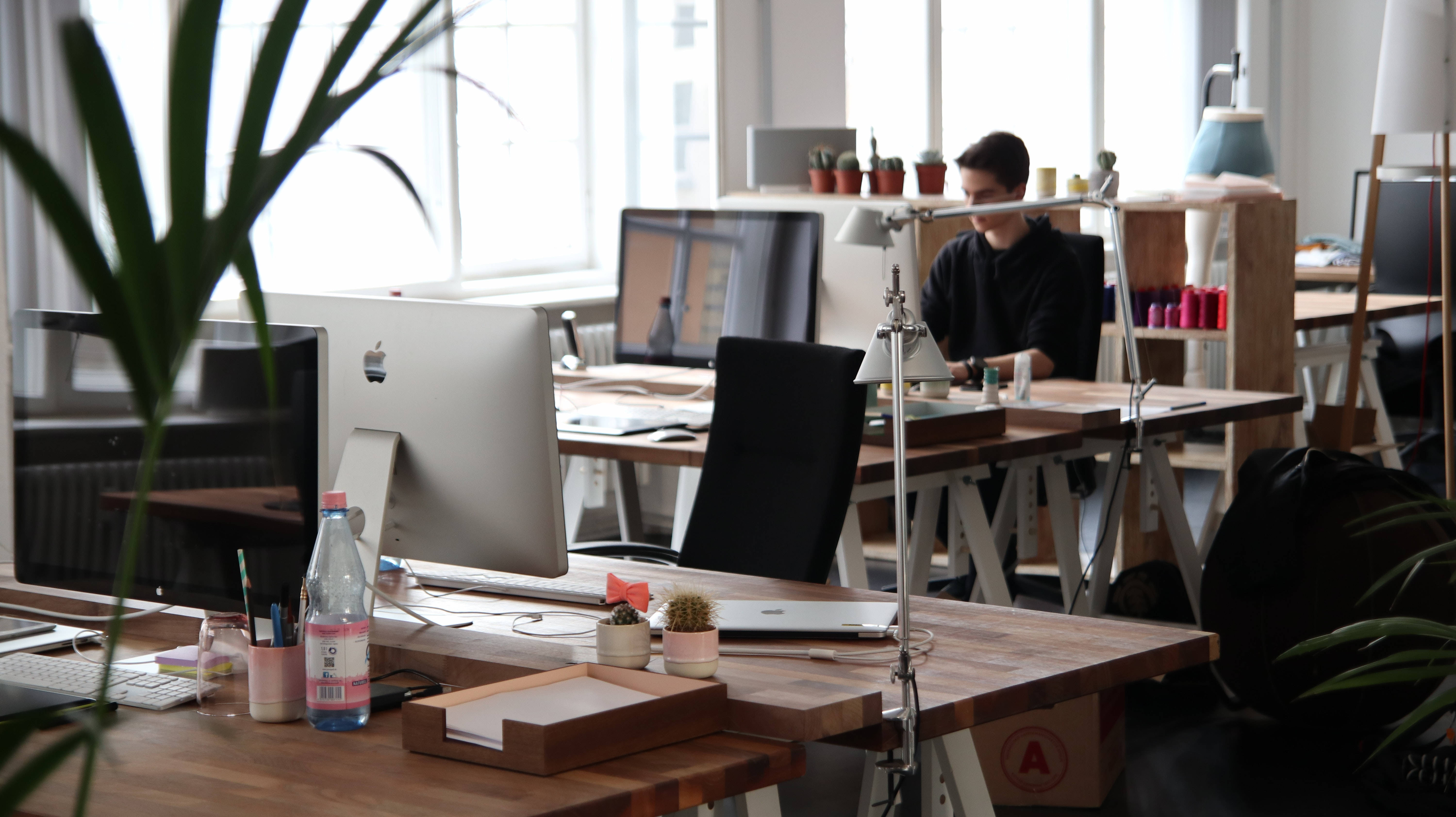 industrial style, wooden desk, large monitor, 5K Desktop Wallpaper