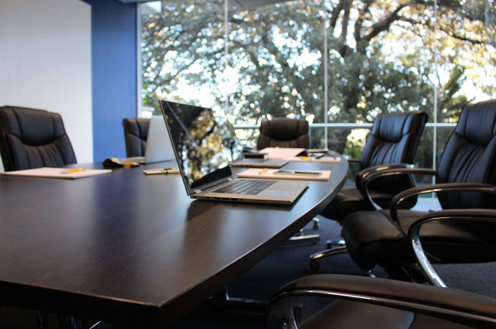 Boardroom Office, sleek black chairs, dark wood table, Full HD Desktop Wallpaper