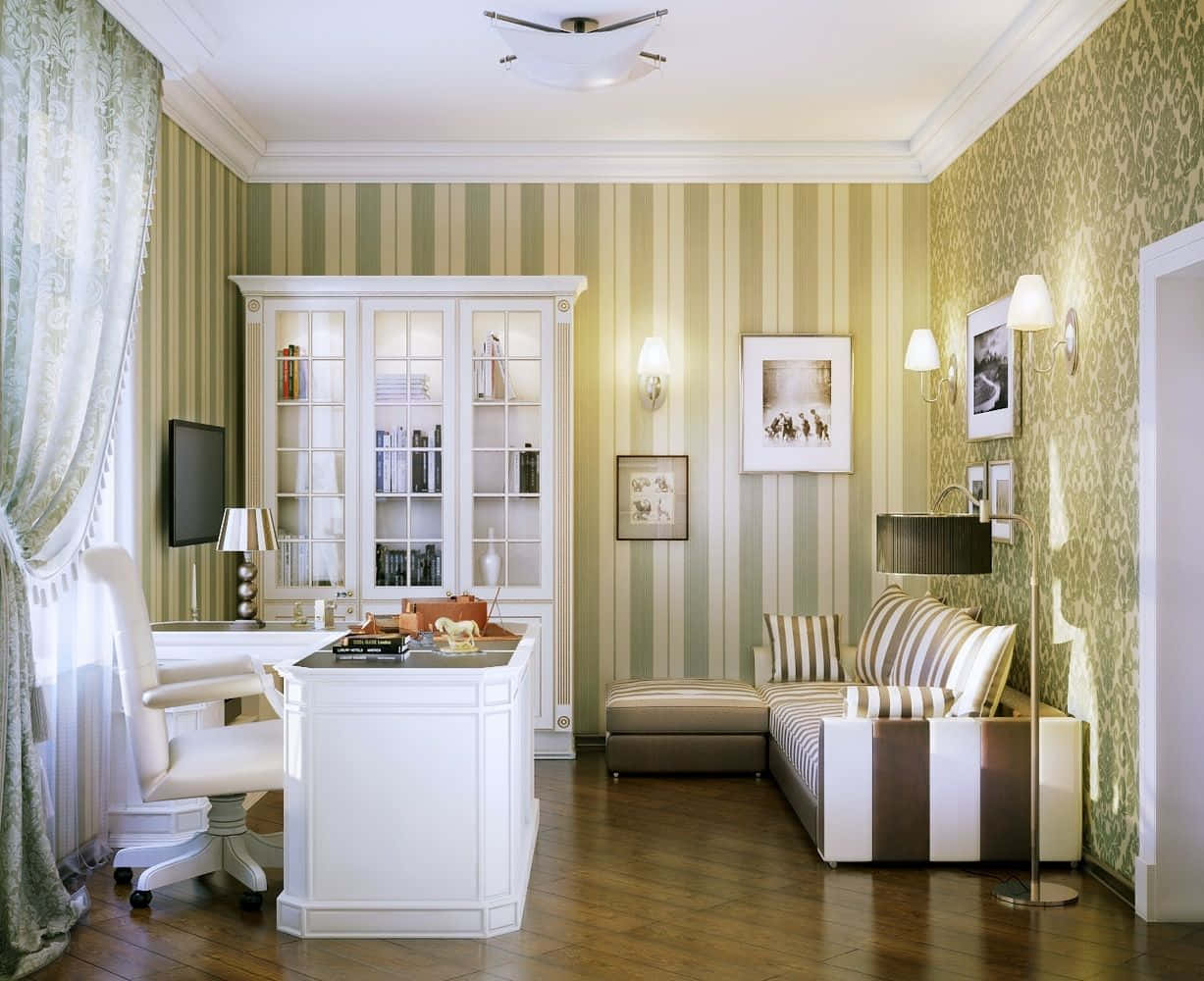 home office, striped wallpaper, white furniture, SD Desktop Wallpaper
