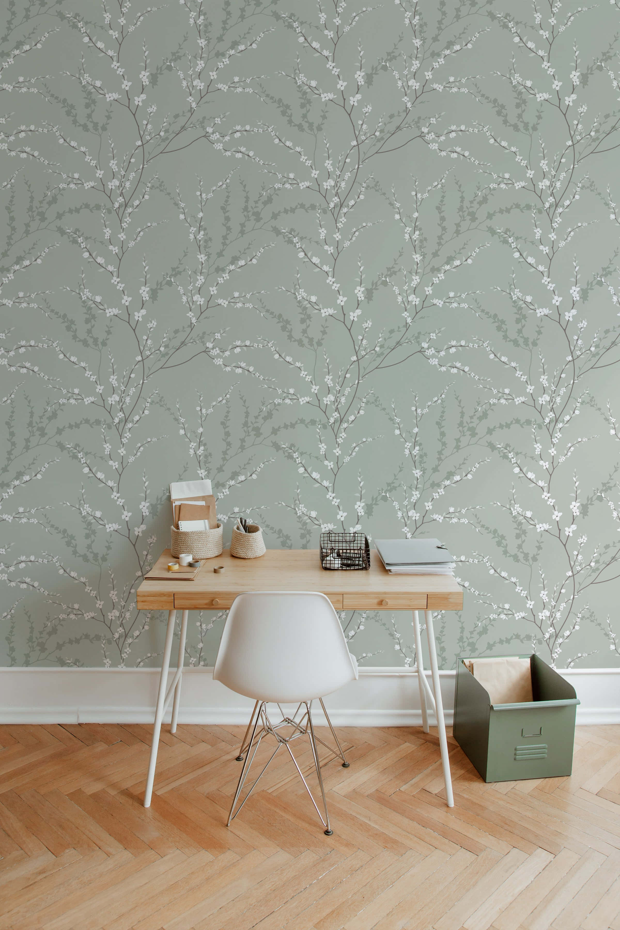 minimalist wooden desk, white chair, sage green wallpaper, 2K Phone Wallpaper