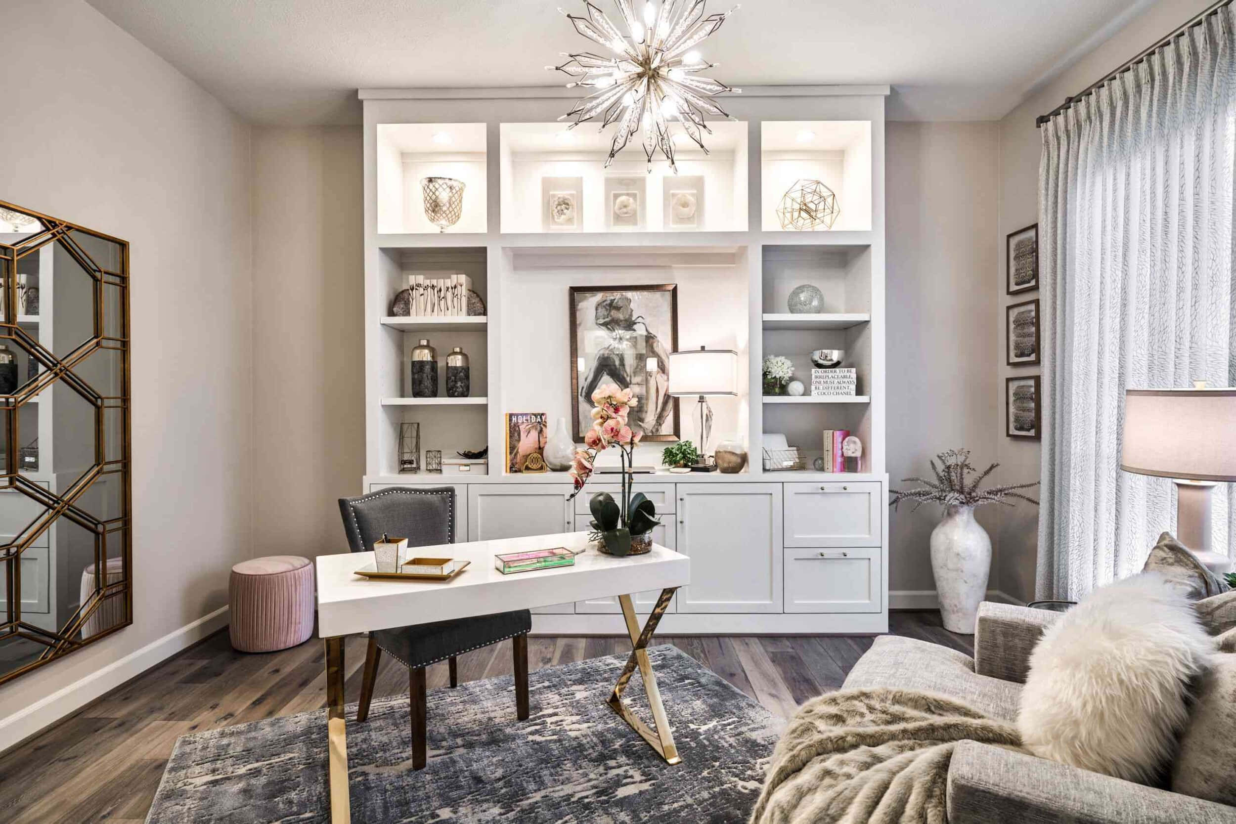 white built-in shelving unit, white desk, gold chair, Full HD Desktop Wallpaper
