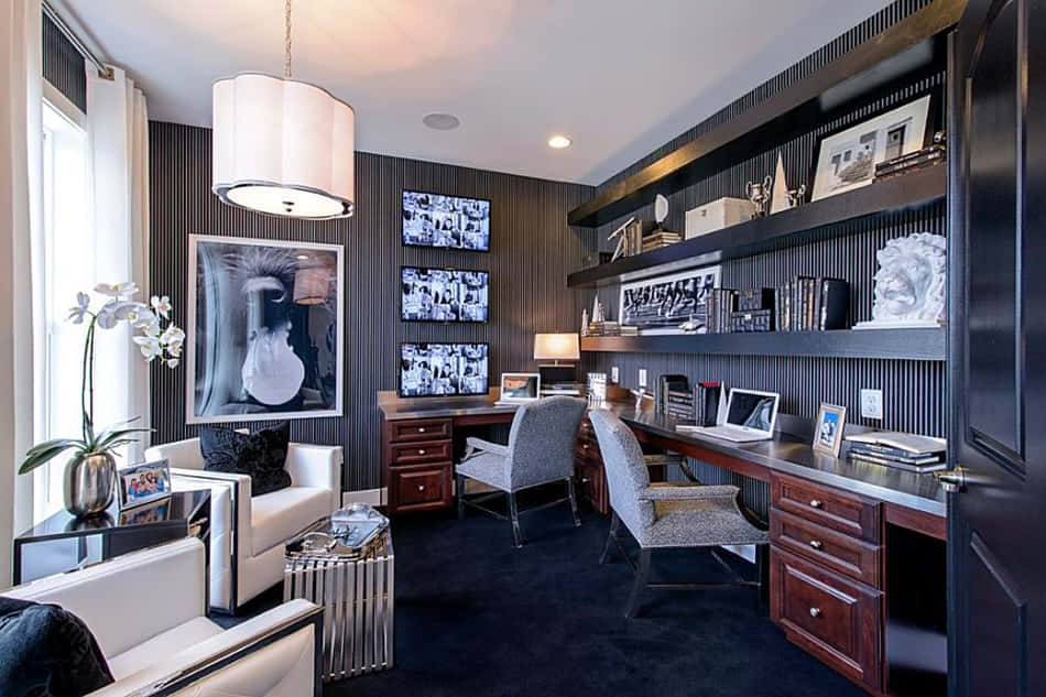 Home Office, dark wood desks, gray chairs, SD Desktop Wallpaper