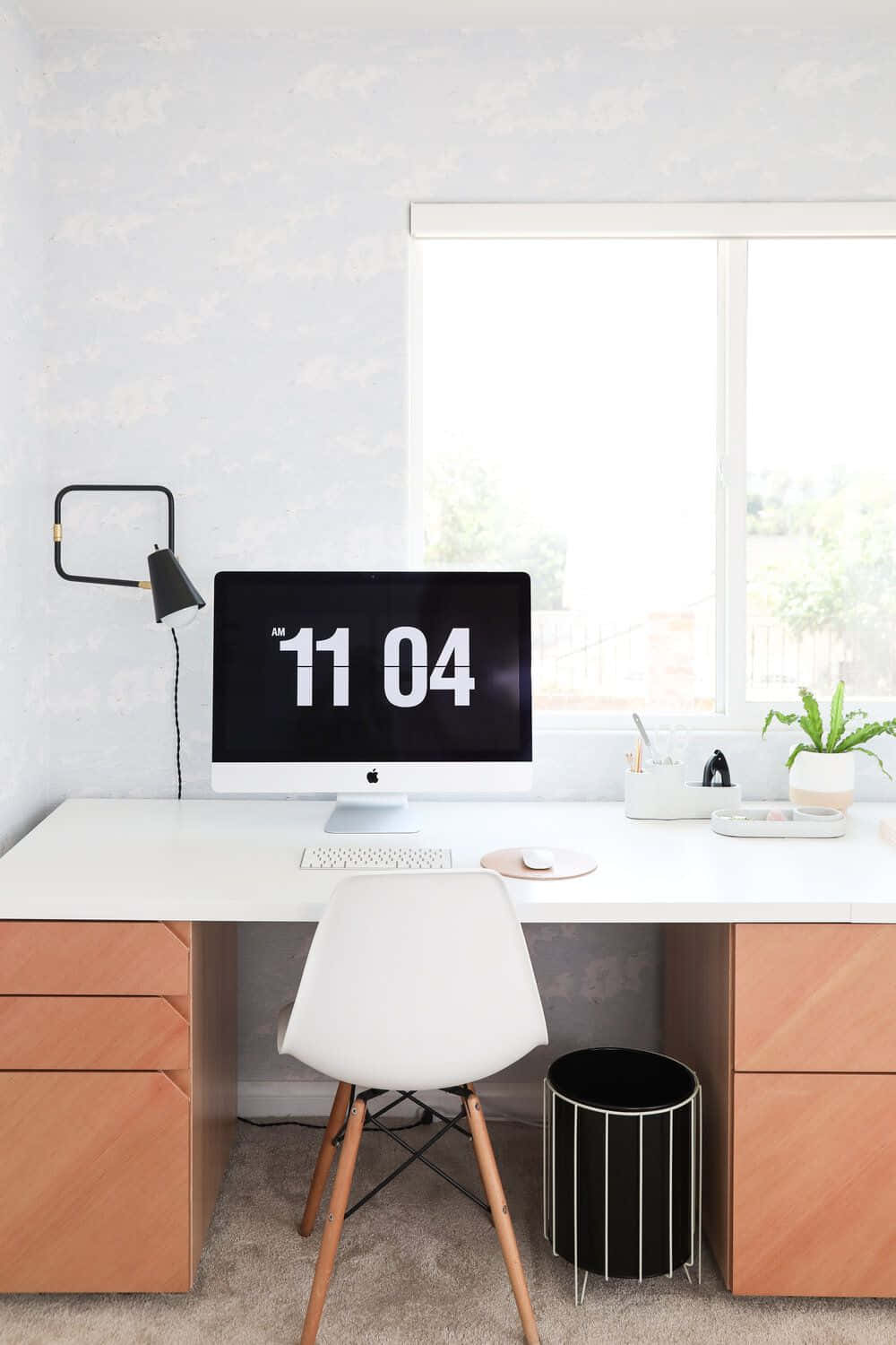 minimalist home office, white desk, wooden cabinets, HD Phone Wallpaper