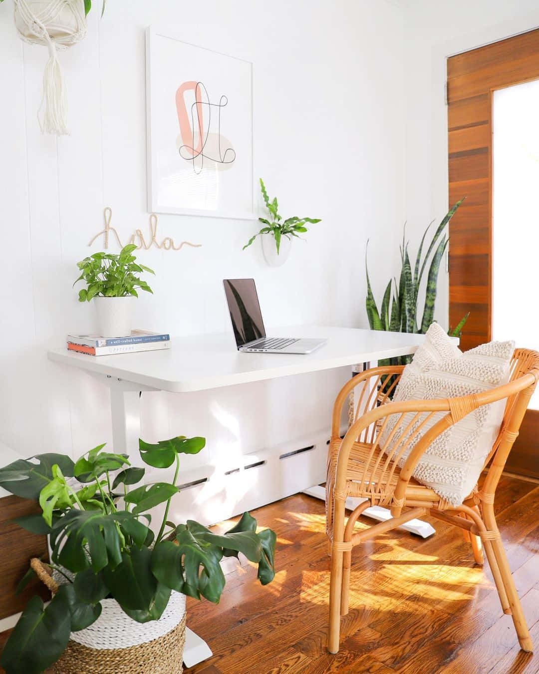 bright minimalist home office setup, white desk, rattan chair, HD Phone Wallpaper