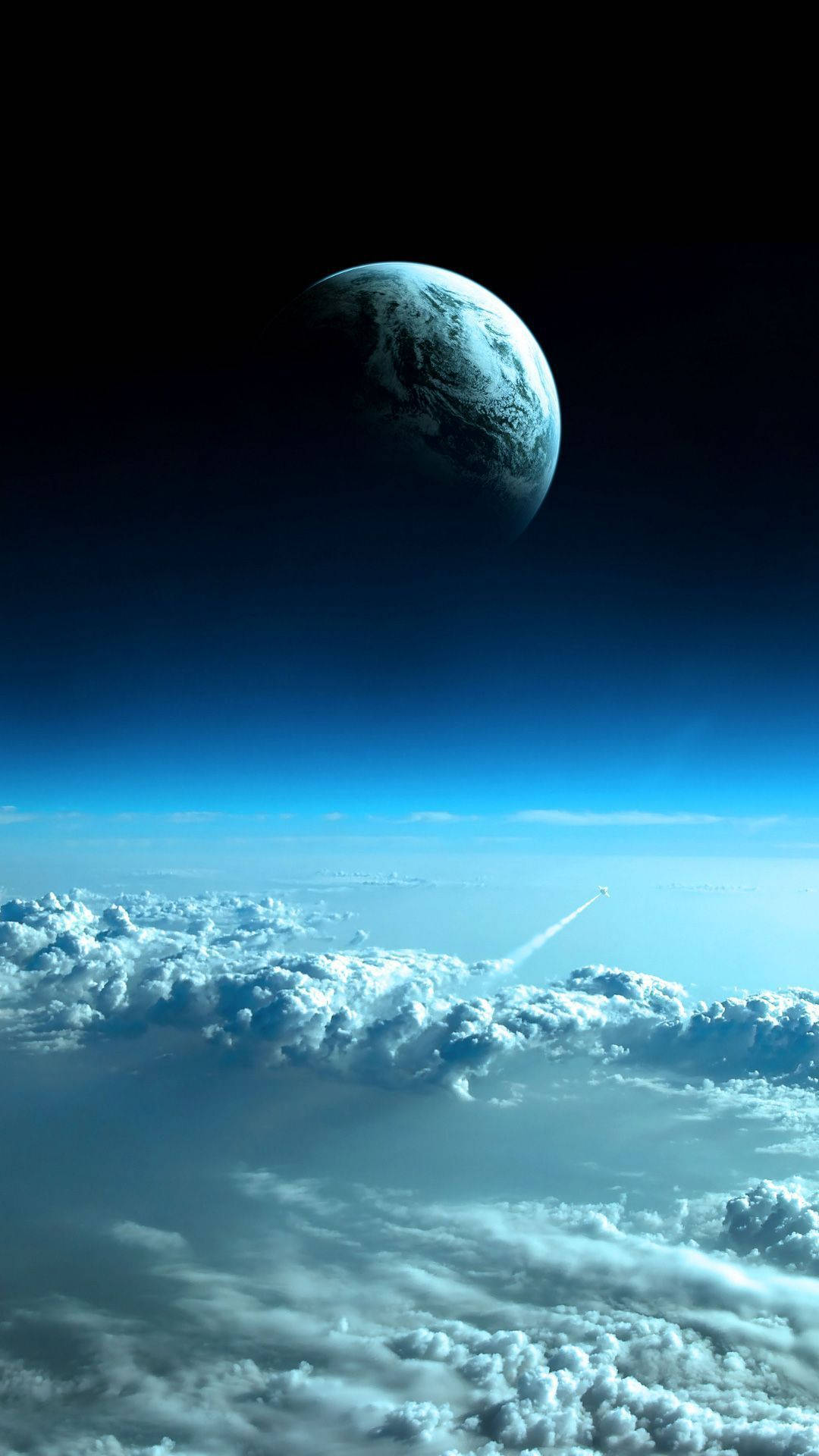 rocket, fluffy white clouds, glowing blue Earth, Full HD Phone Wallpaper