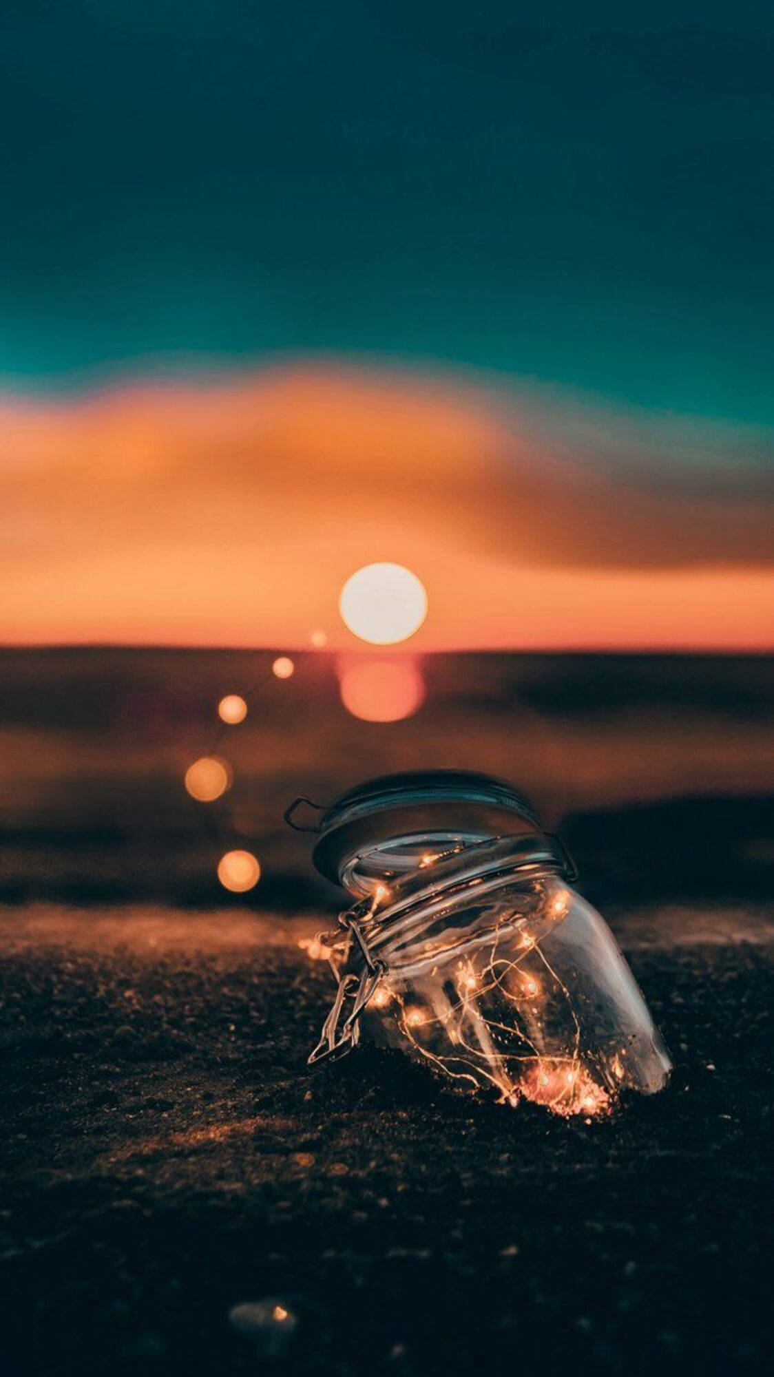 glass jar, glowing fairy lights, dark sand, Full HD Phone Wallpaper