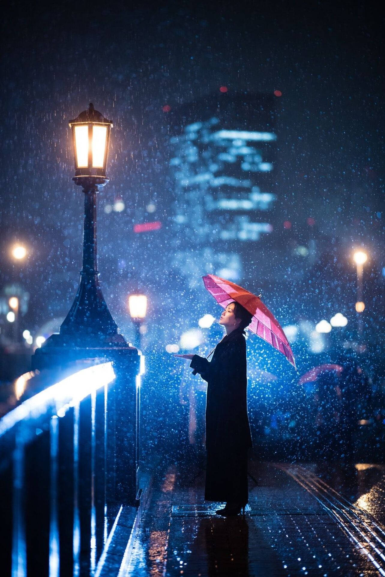 pink umbrella, rain-slicked bridge, glowing streetlamp, Full HD Phone Wallpaper