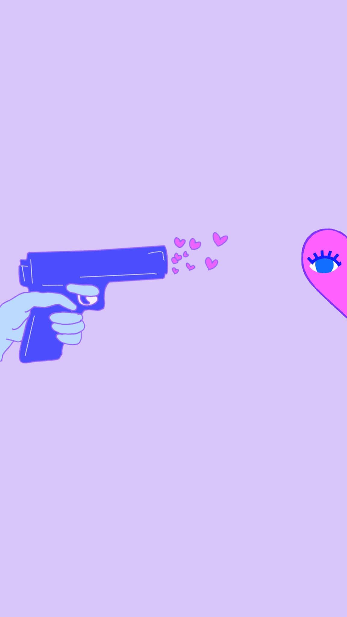 blue hand, gun firing pink hearts, pink heart with a blue eye, Full HD Phone Wallpaper