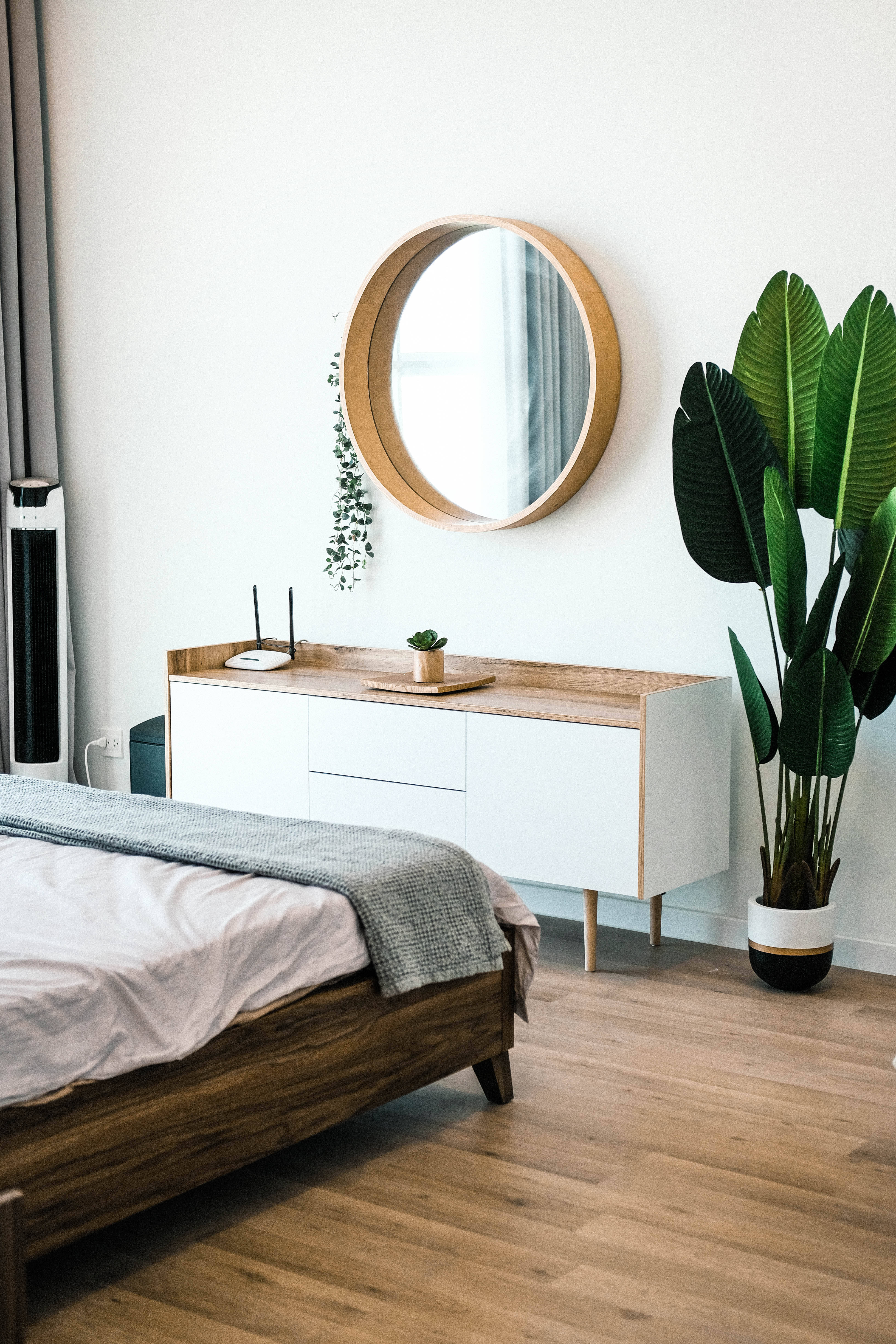 wooden dresser, round mirror, white dresser, 5K Phone Wallpaper