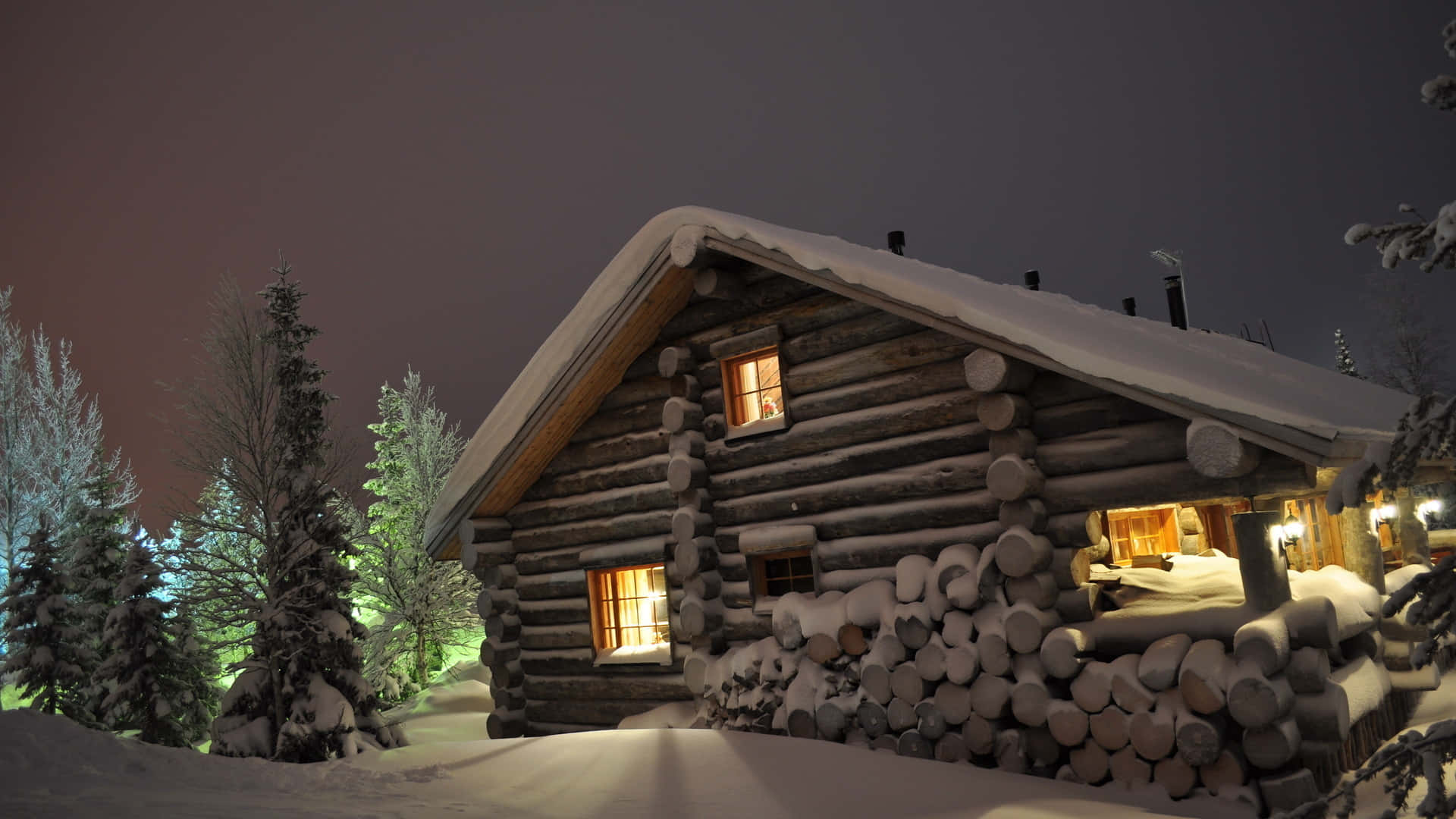 log cabin, snow-covered, frosted pine trees, Full HD Desktop Wallpaper