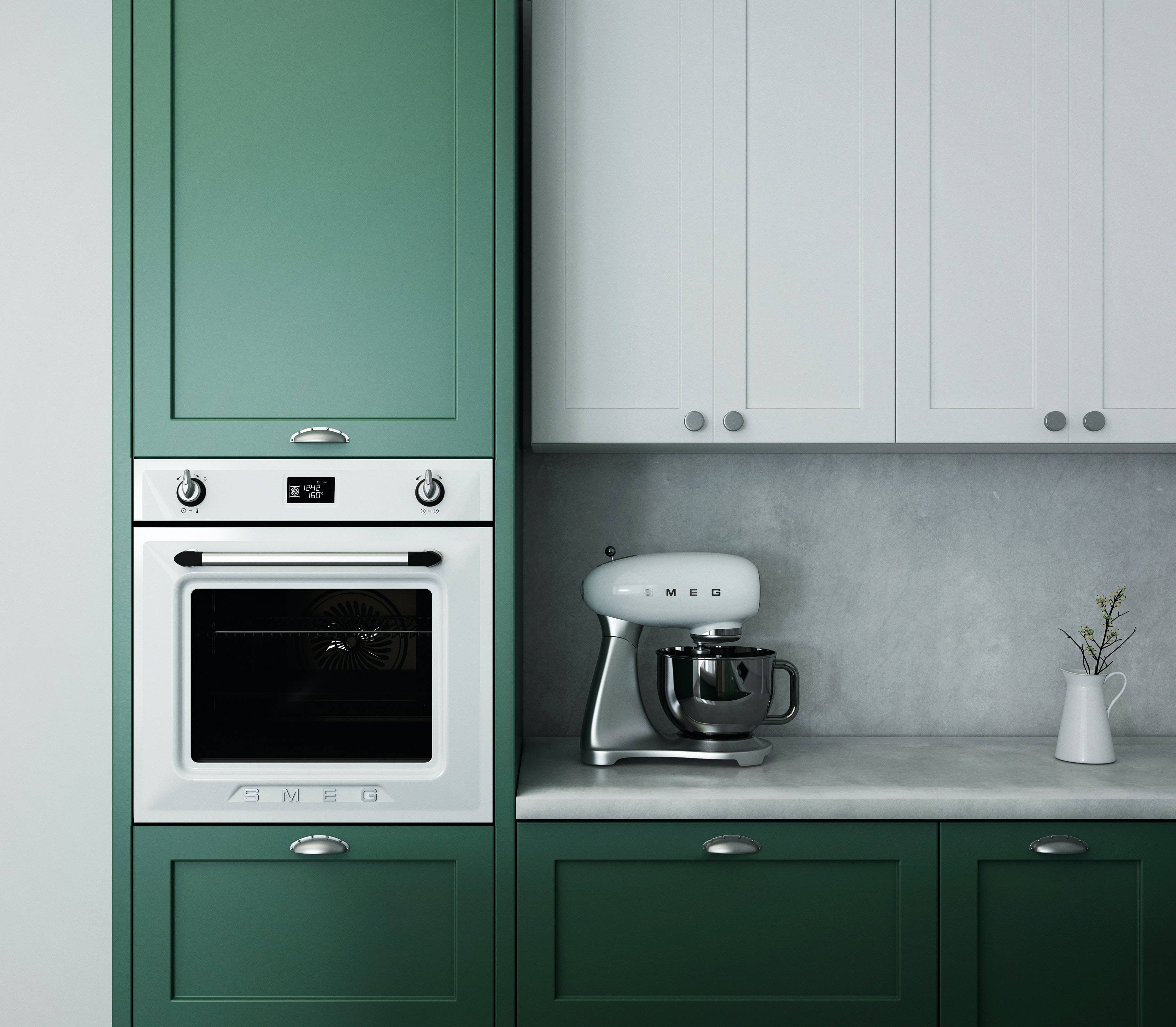 sage green cabinets, white SMEG oven, stand mixer, 2K Desktop Wallpaper