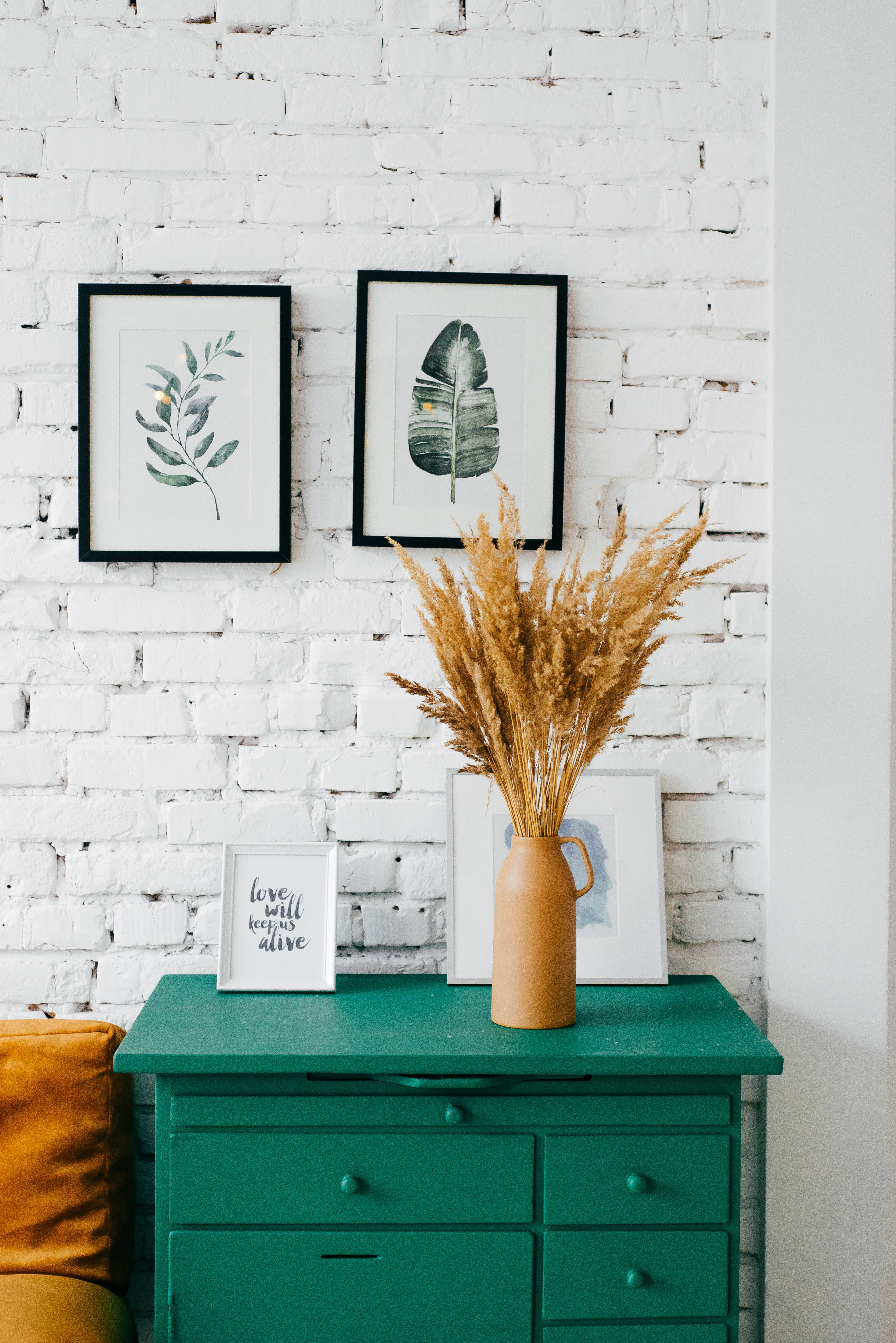 white brick wall, vibrant green dresser, terracotta vase, 5K Phone Wallpaper