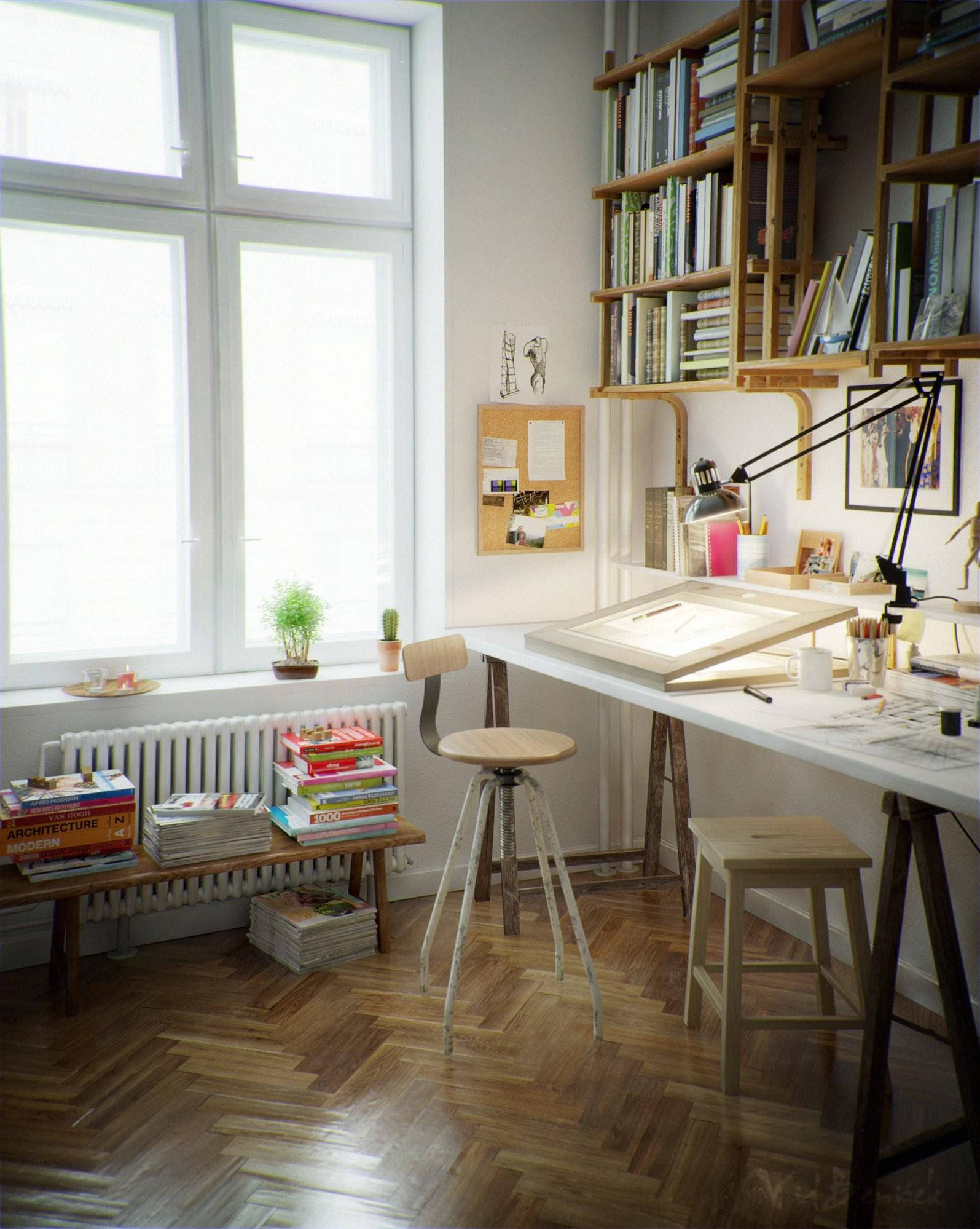 designer's studio, wooden floors, bookshelves, Full HD Phone Wallpaper