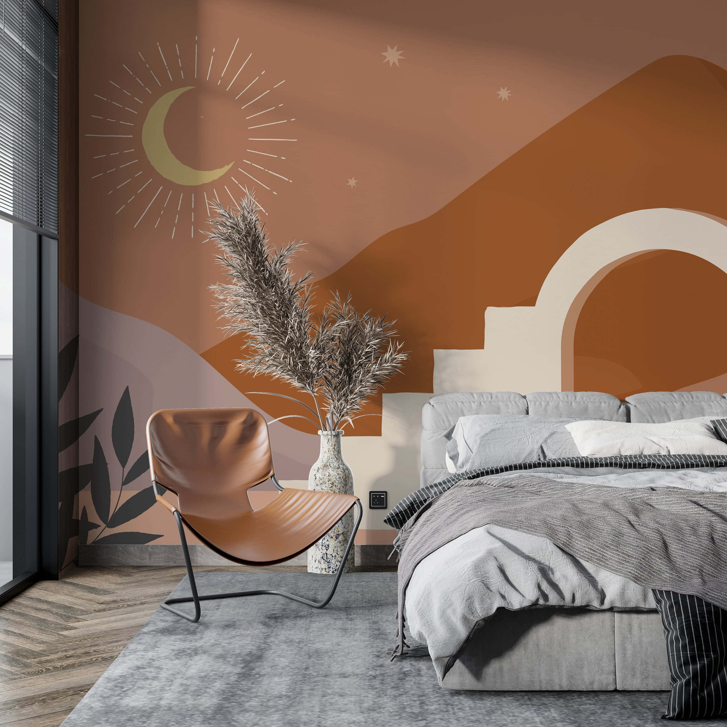 Bed Arch Headboard, crescent moon sunburst, terracotta mountains, 2K Desktop Wallpaper