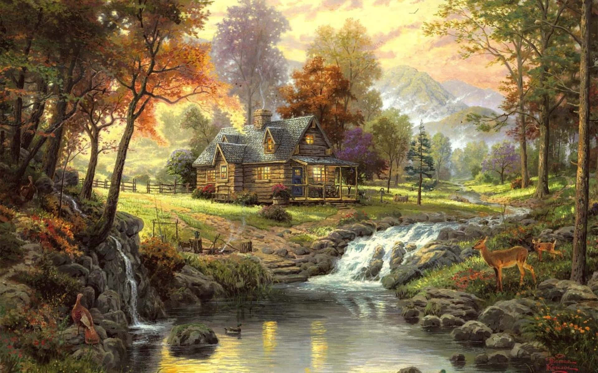 forest cabin, rushing stream, autumn trees, Full HD Desktop Wallpaper