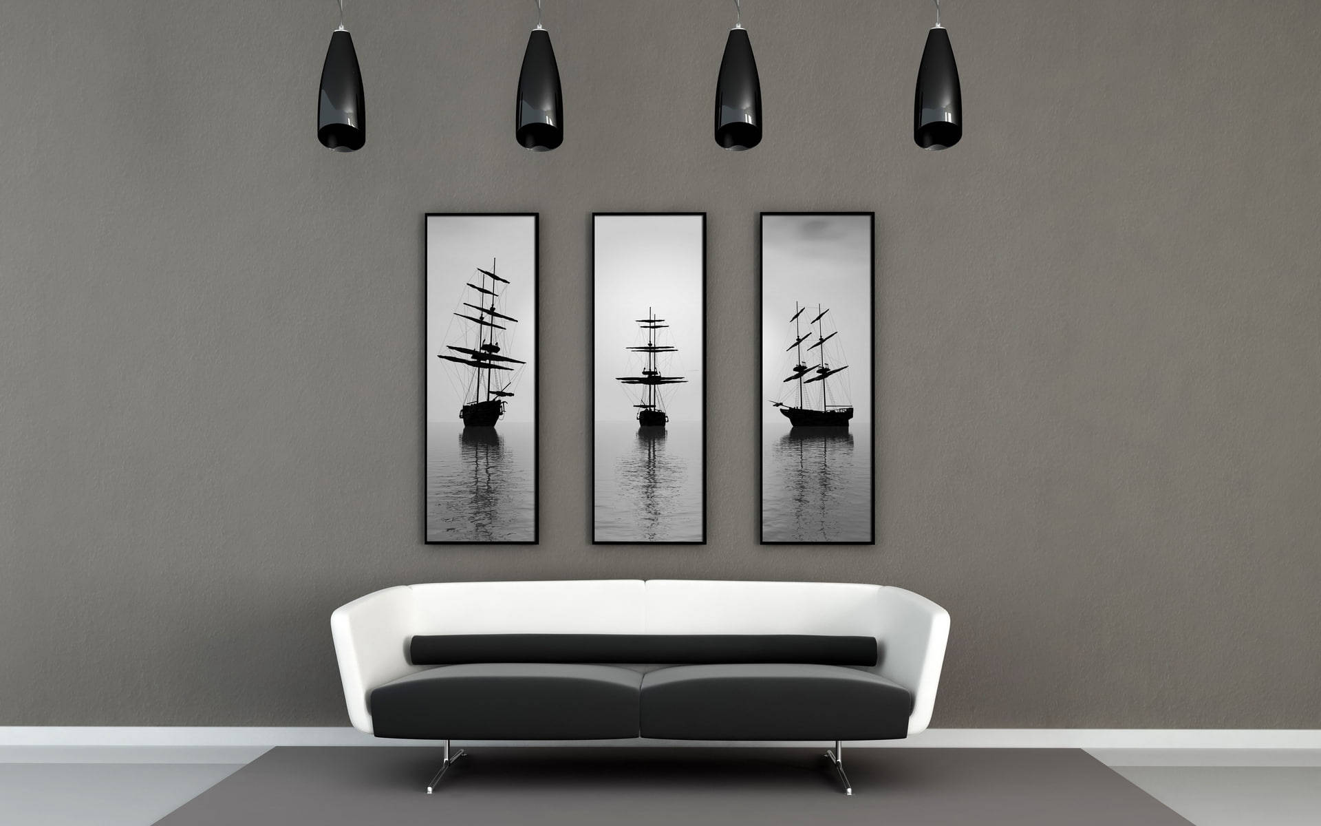 gray living room, white sofa, black pendant lights, Full HD Desktop Wallpaper