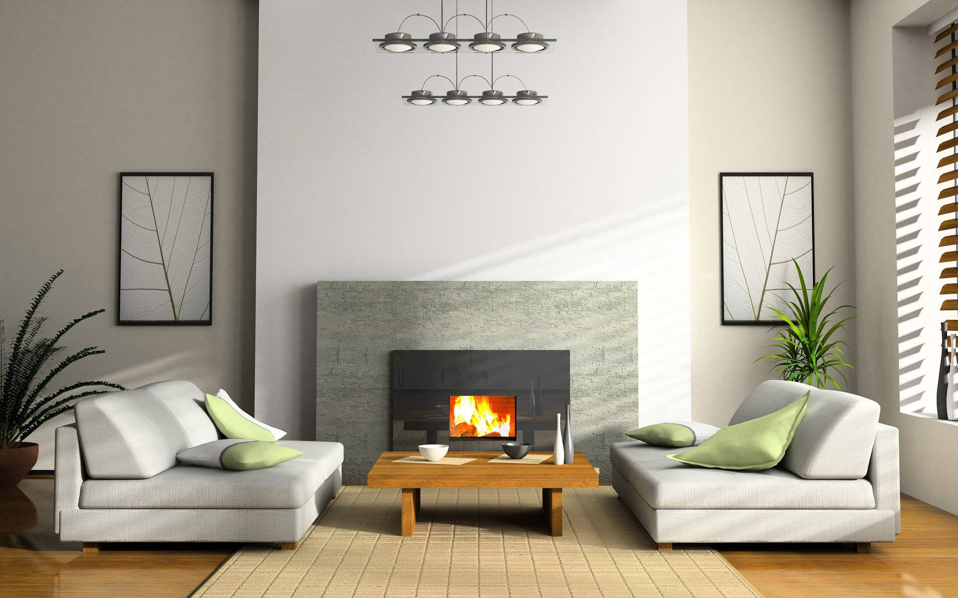 wooden tiled aesthetic home, gray sofas, green pillows, Full HD Desktop Wallpaper