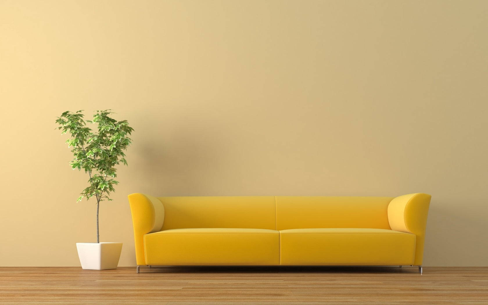 beige living room, bright yellow sofa, beige wall, HD Desktop Wallpaper